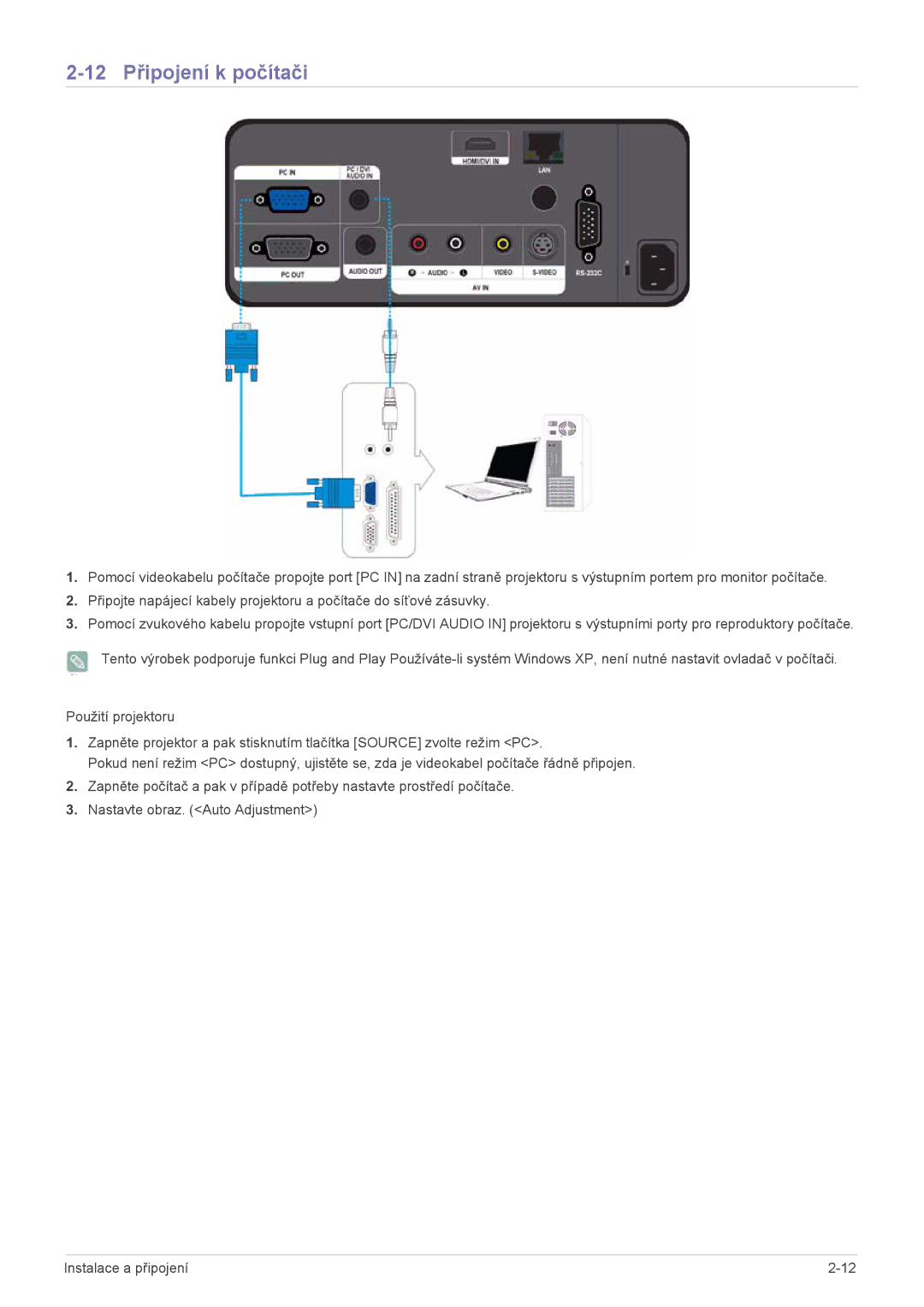 Samsung SPL301WEX/EN manual 12 Připojení k počítači 