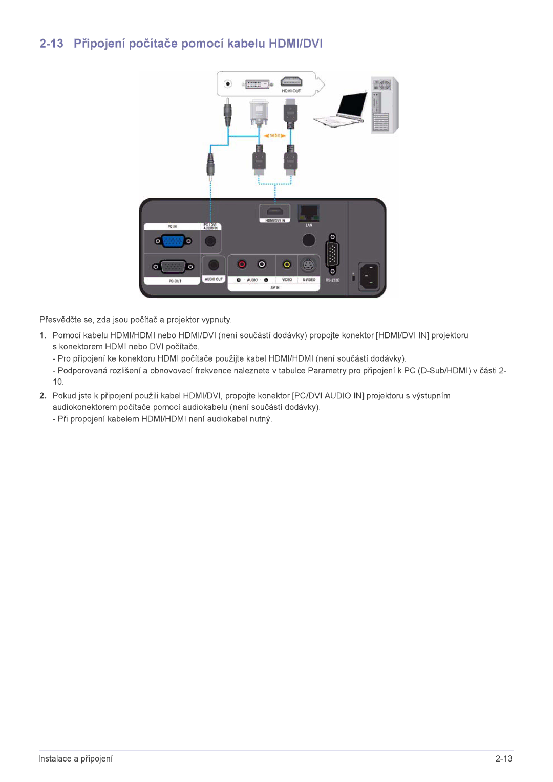 Samsung SPL301WEX/EN manual 13 Připojení počítače pomocí kabelu HDMI/DVI 