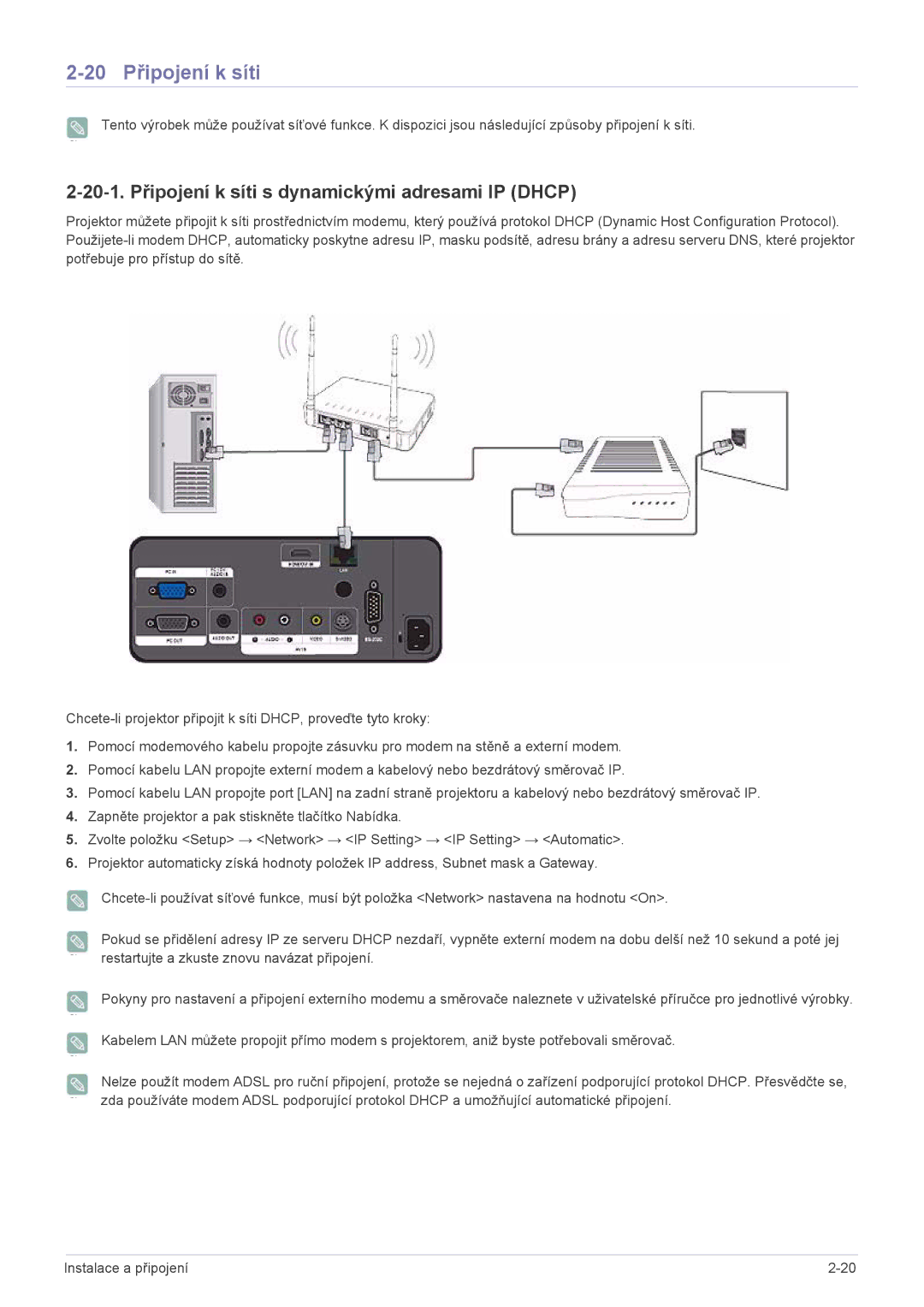 Samsung SPL301WEX/EN manual 20 Připojení k síti, 20-1. Připojení k síti s dynamickými adresami IP Dhcp 