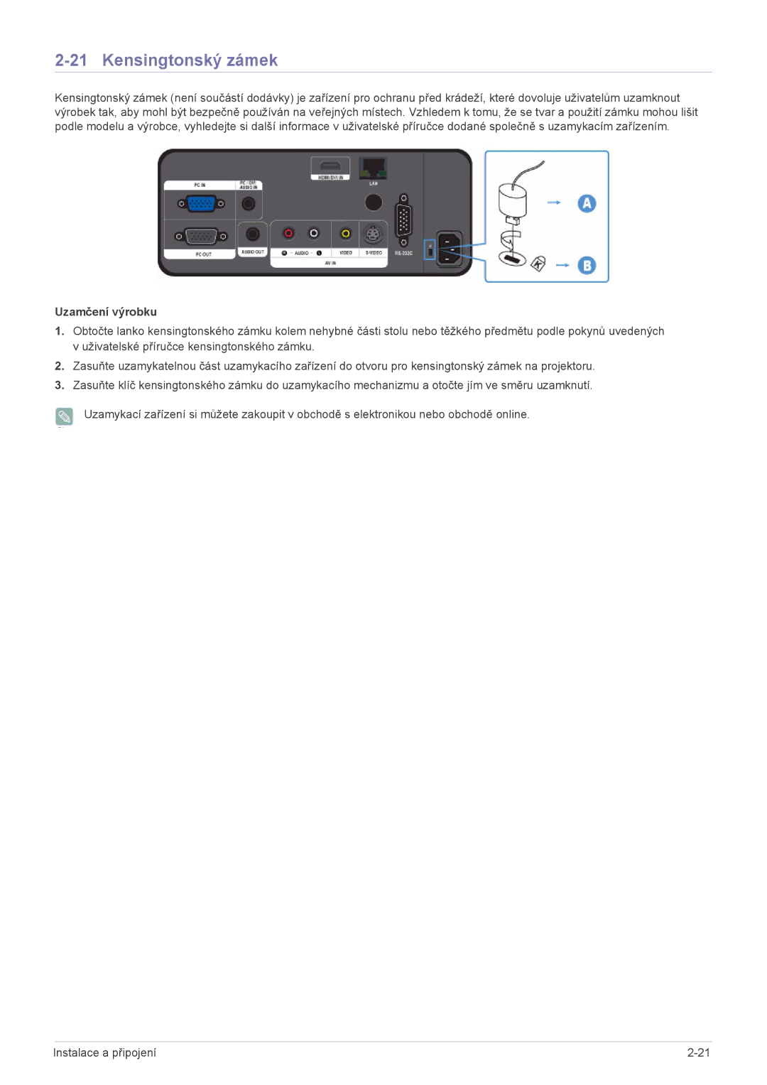 Samsung SPL301WEX/EN manual Kensingtonský zámek, Uzamčení výrobku 