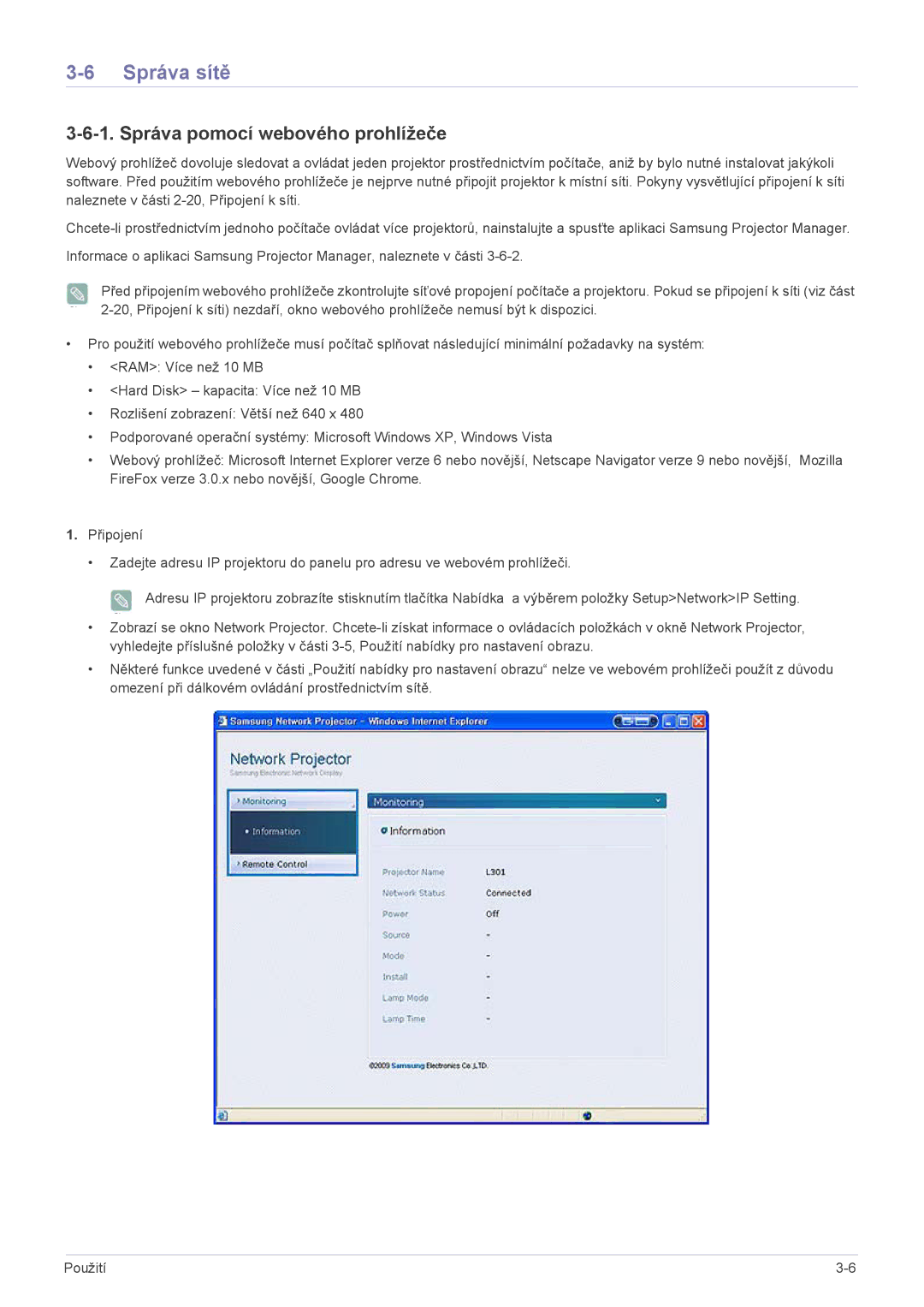 Samsung SPL301WEX/EN manual Správa sítě, Správa pomocí webového prohlížeče 