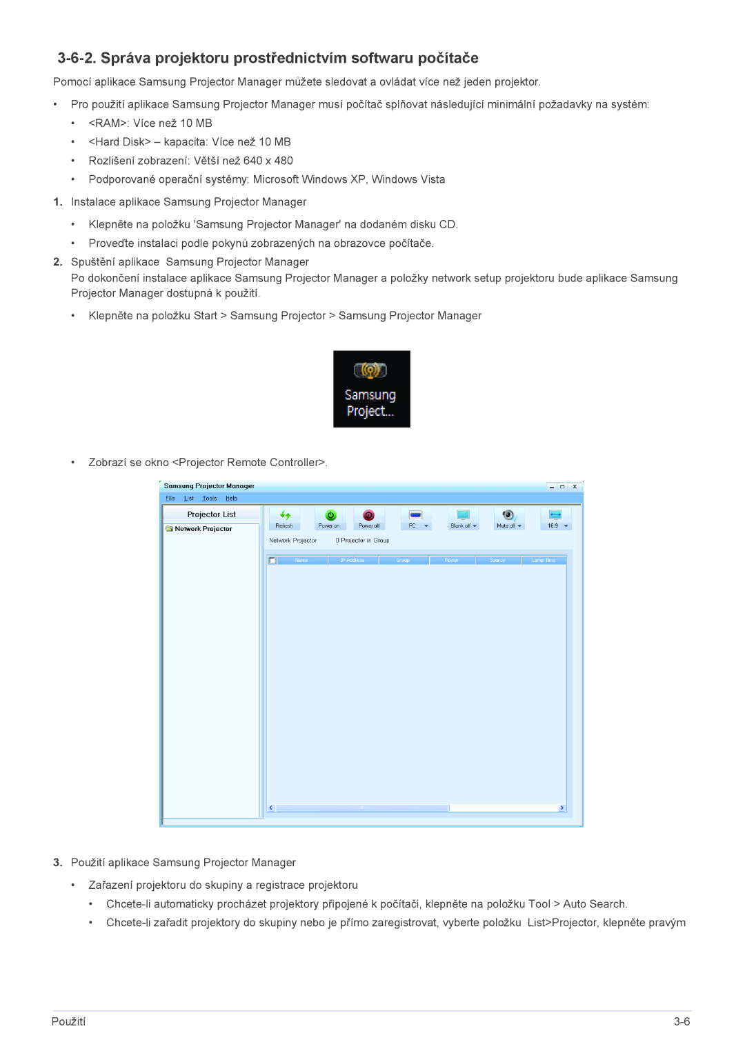 Samsung SPL301WEX/EN manual Správa projektoru prostřednictvím softwaru počítače 