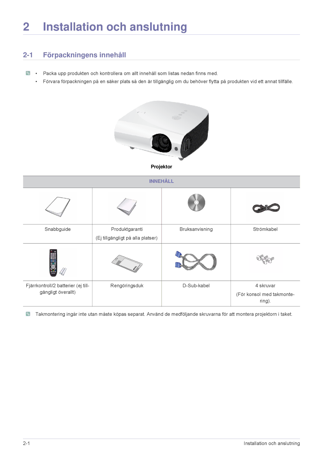 Samsung SPL255WEX/EN, SPL305WEX/EN manual Förpackningens innehåll, Innehåll 