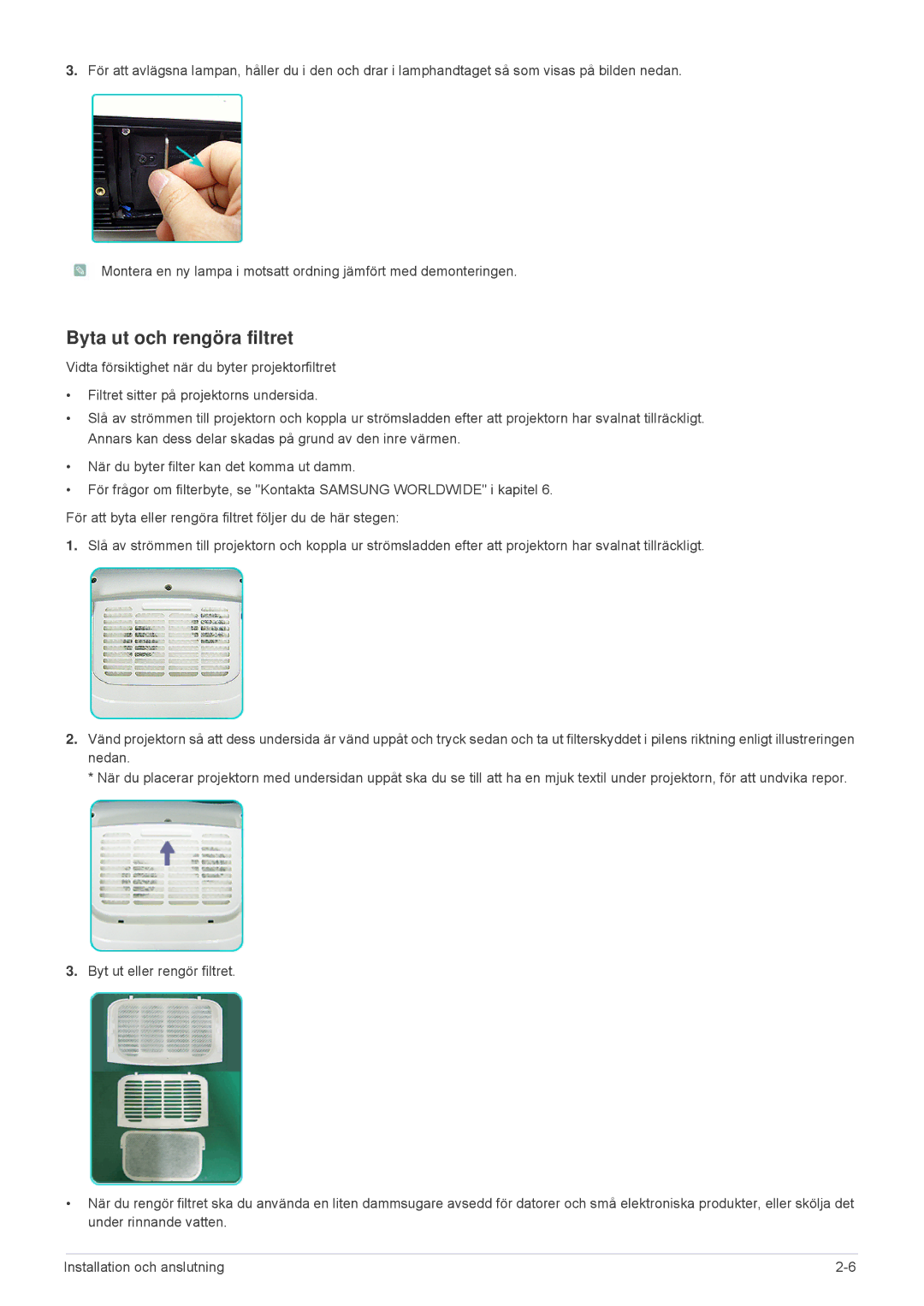 Samsung SPL305WEX/EN, SPL255WEX/EN manual Byta ut och rengöra filtret 