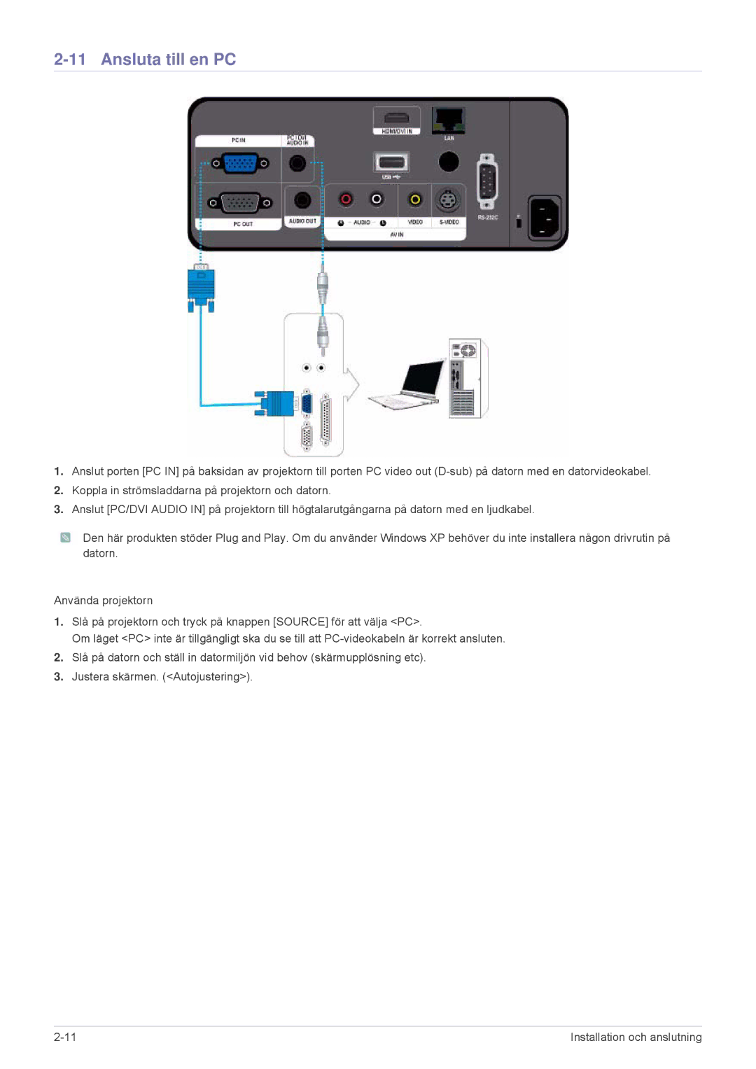 Samsung SPL255WEX/EN, SPL305WEX/EN manual Ansluta till en PC 