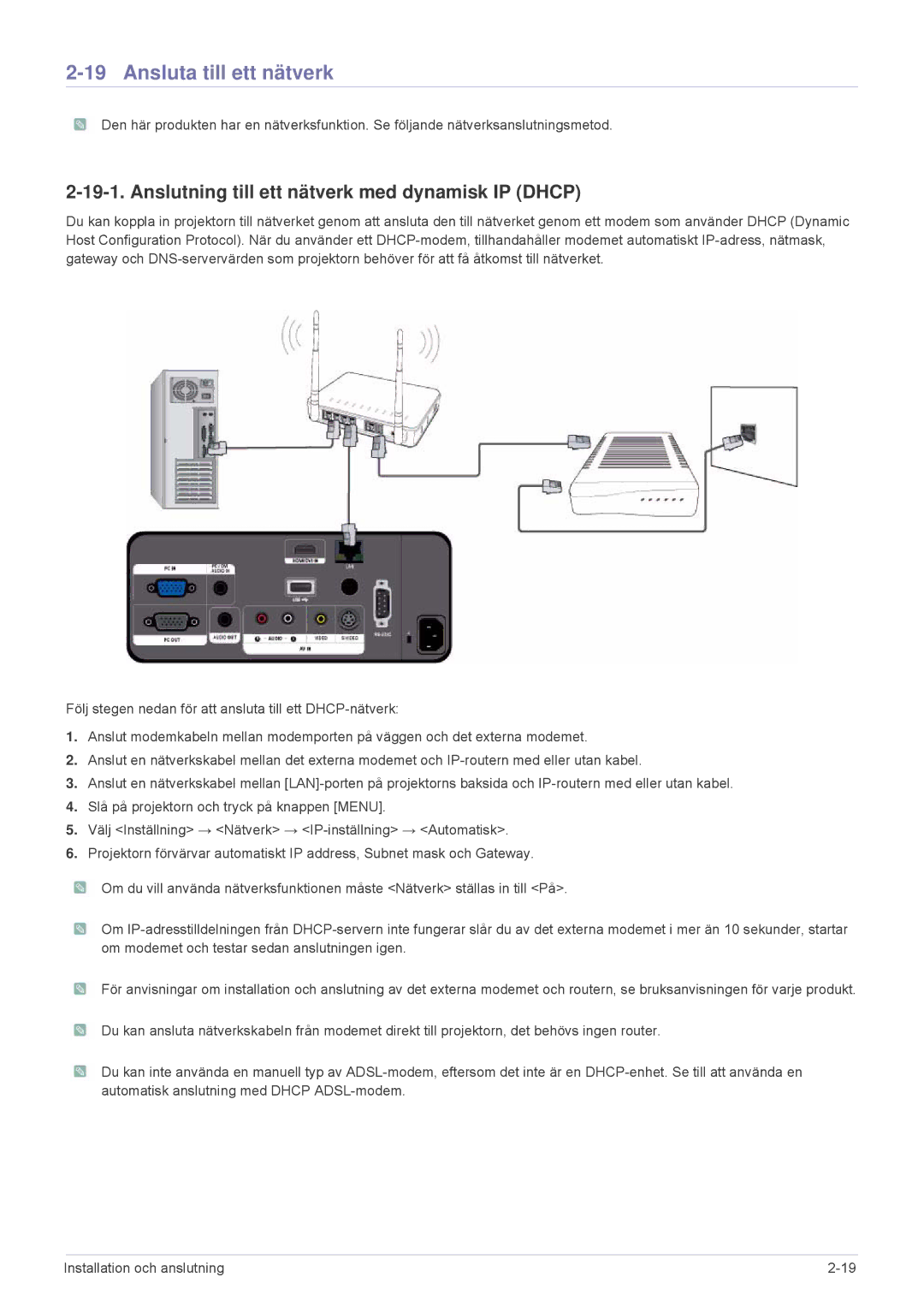 Samsung SPL305WEX/EN, SPL255WEX/EN manual Ansluta till ett nätverk, Anslutning till ett nätverk med dynamisk IP Dhcp 