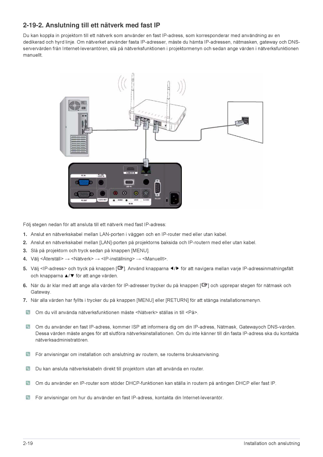 Samsung SPL255WEX/EN, SPL305WEX/EN manual Anslutning till ett nätverk med fast IP 