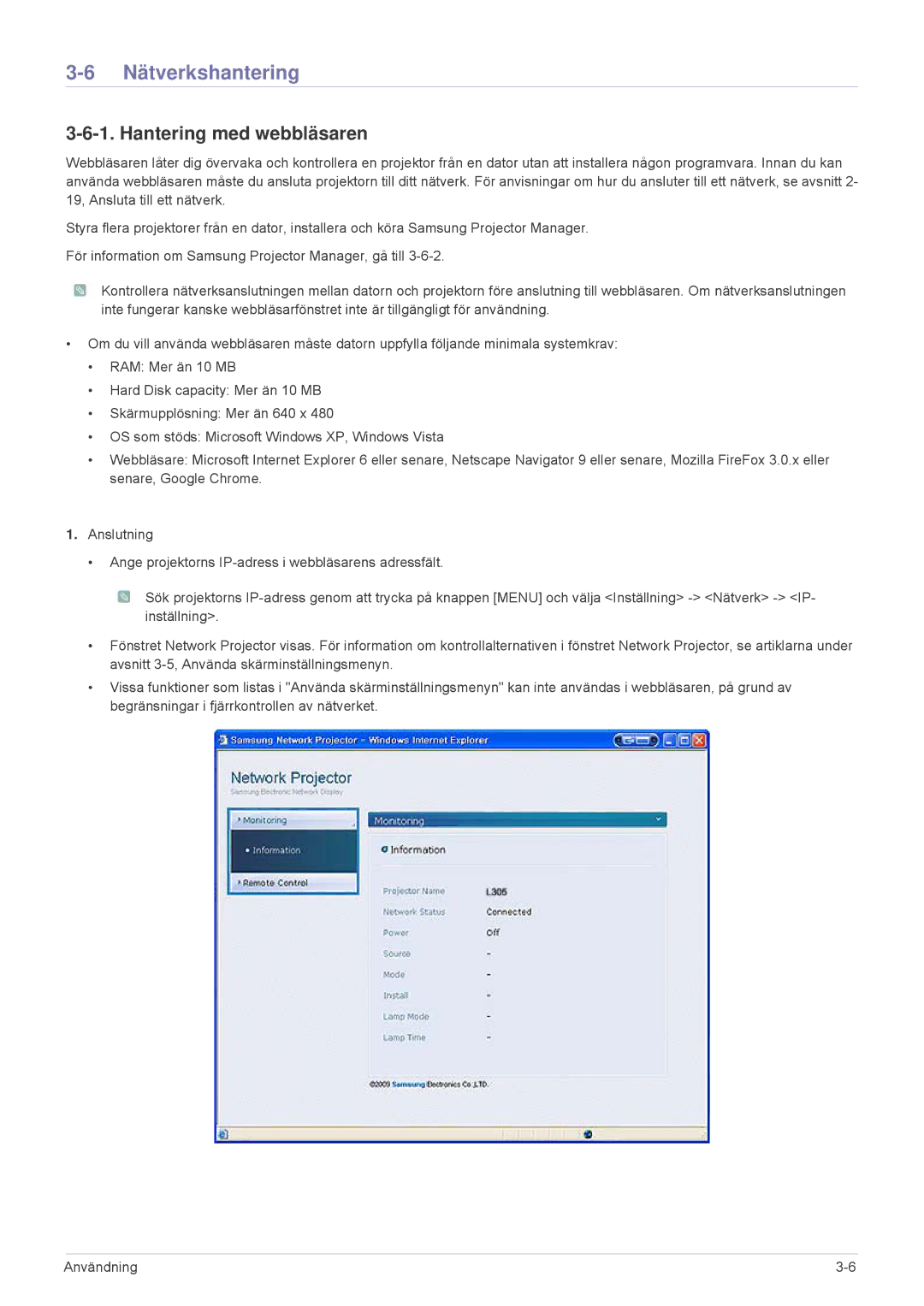 Samsung SPL305WEX/EN, SPL255WEX/EN manual Nätverkshantering, Hantering med webbläsaren 