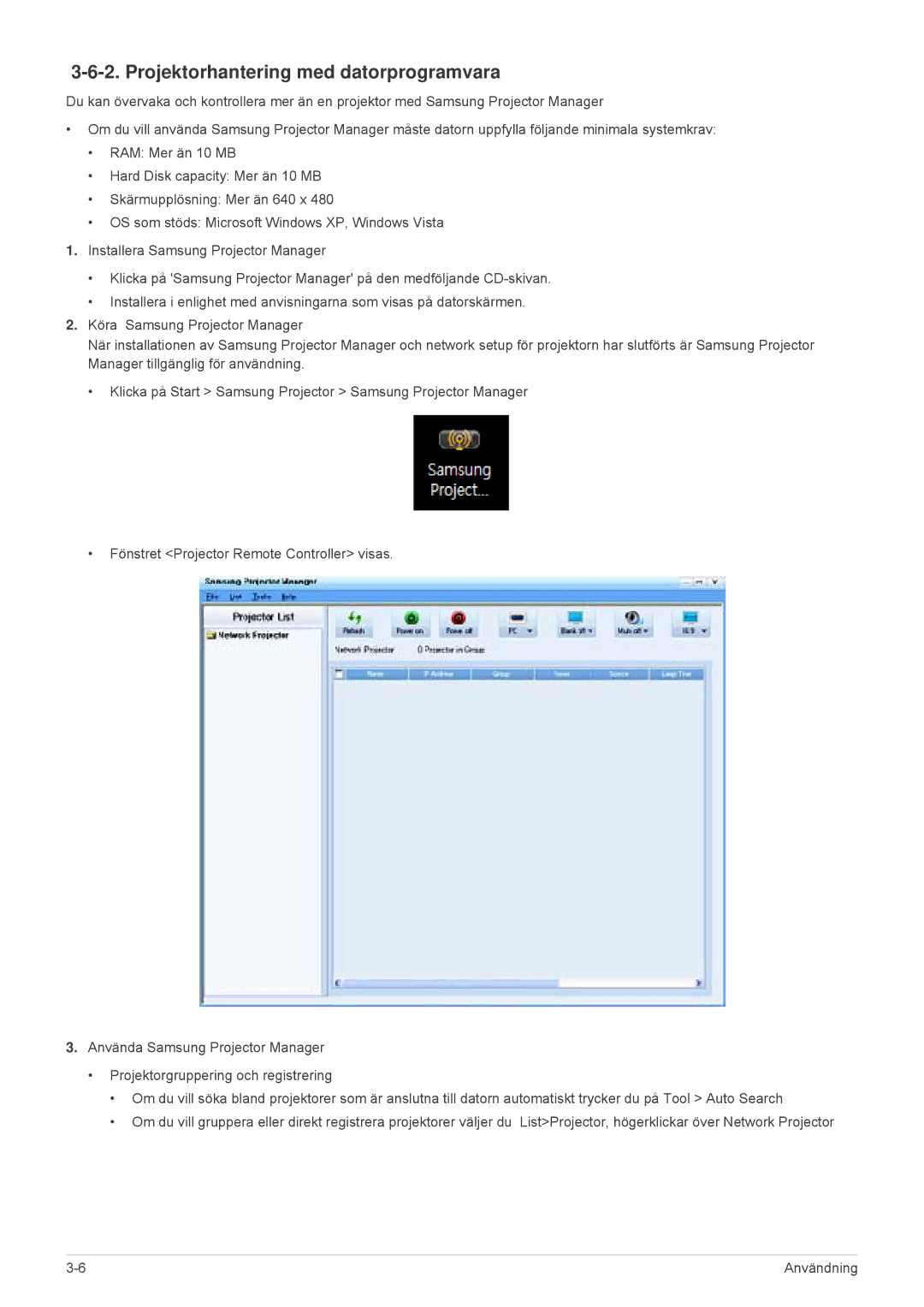 Samsung SPL255WEX/EN, SPL305WEX/EN manual Projektorhantering med datorprogramvara 