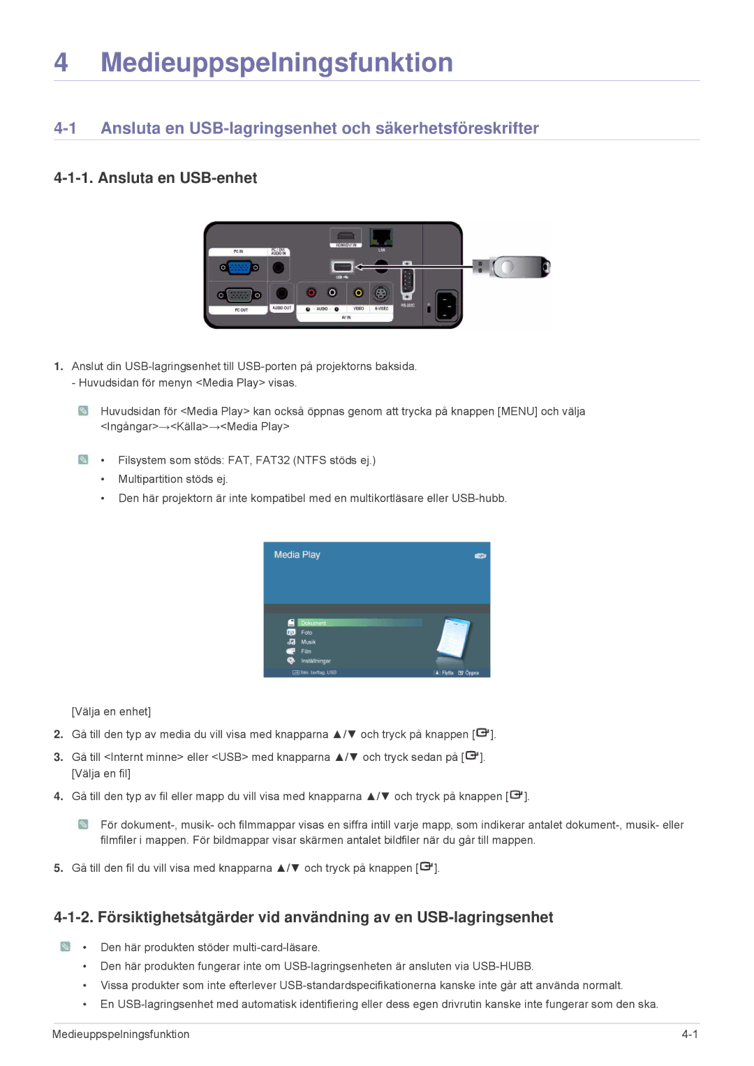 Samsung SPL305WEX/EN, SPL255WEX/EN manual Ansluta en USB-lagringsenhet och säkerhetsföreskrifter, Ansluta en USB-enhet 