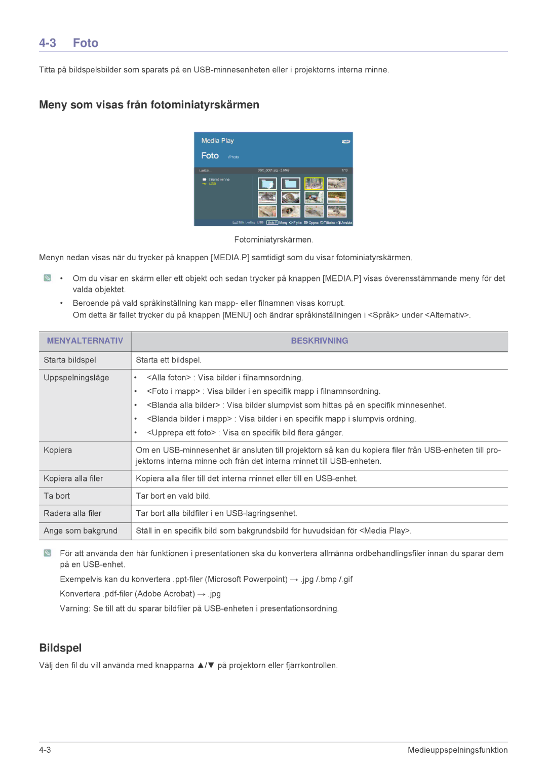 Samsung SPL255WEX/EN, SPL305WEX/EN manual Foto, Meny som visas från fotominiatyrskärmen, Bildspel 