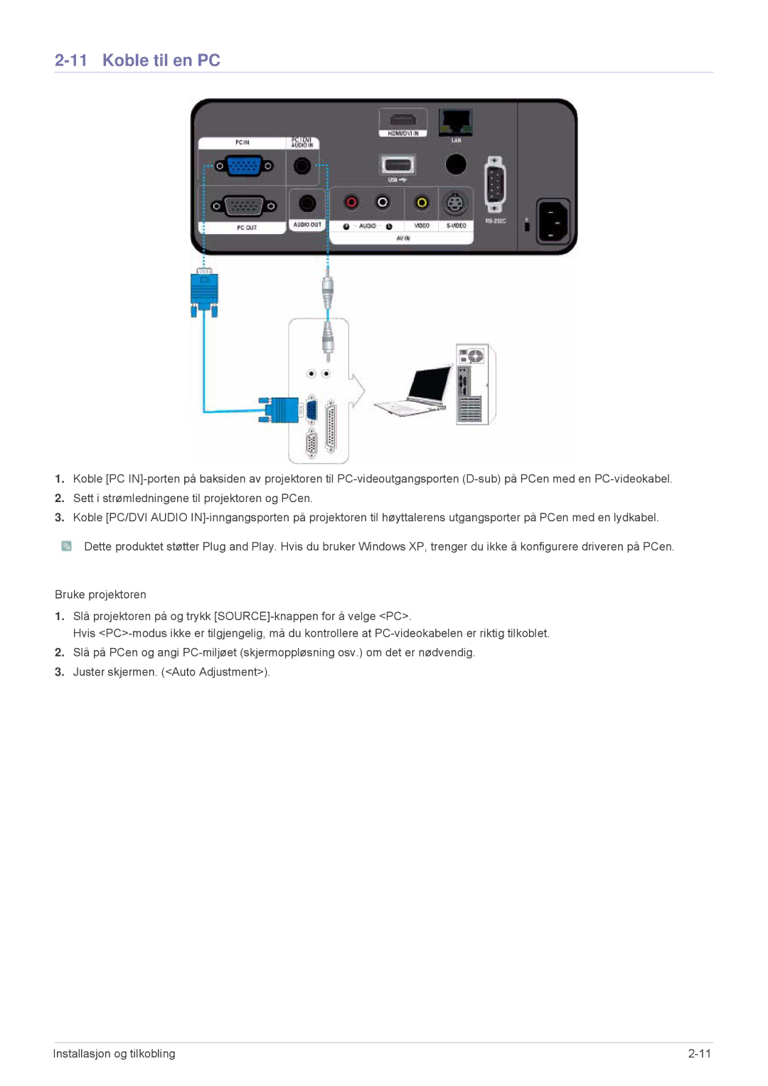 Samsung SPL255WEX/EN, SPL305WEX/EN manual Koble til en PC 