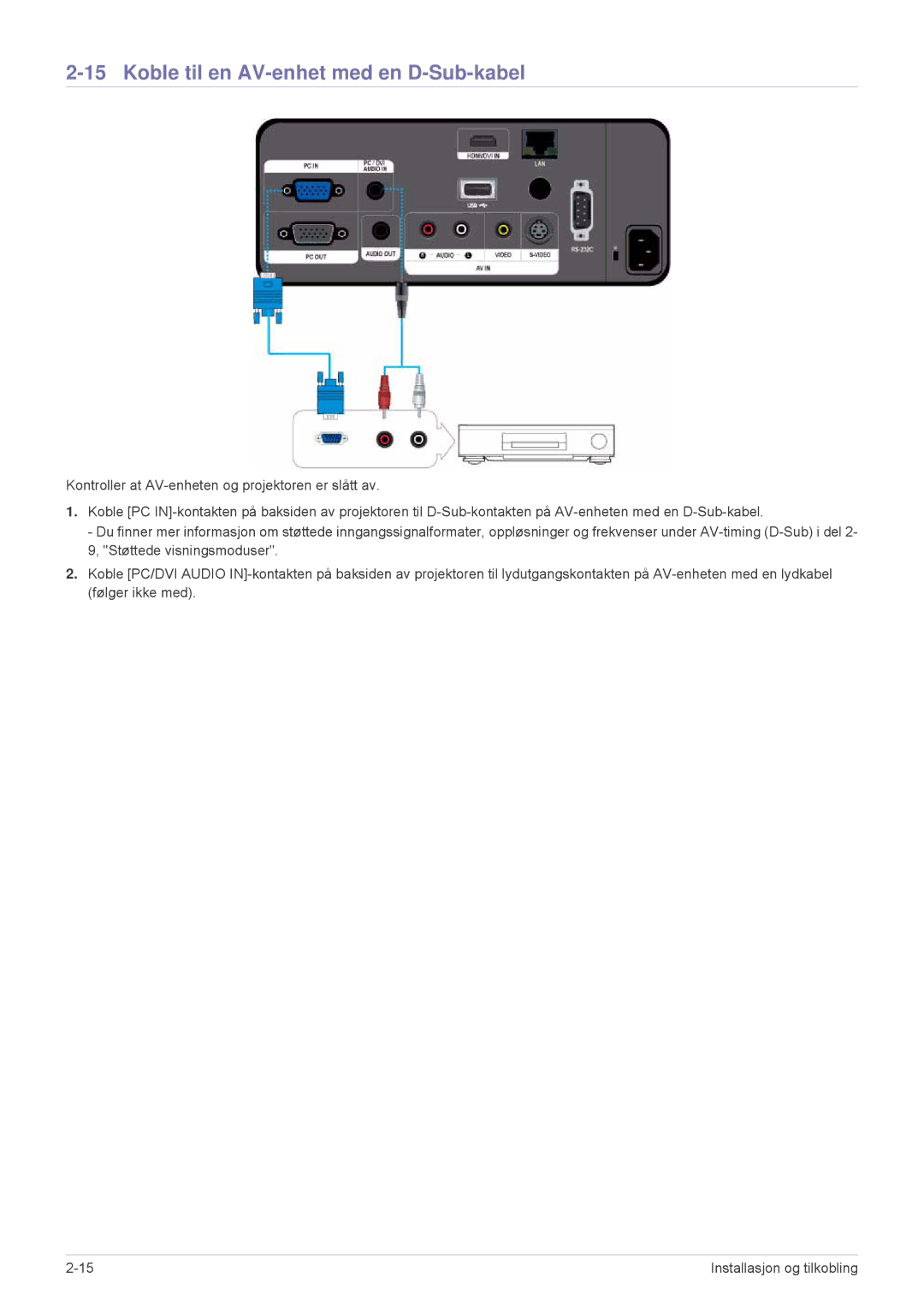 Samsung SPL305WEX/EN, SPL255WEX/EN manual Koble til en AV-enhet med en D-Sub-kabel 