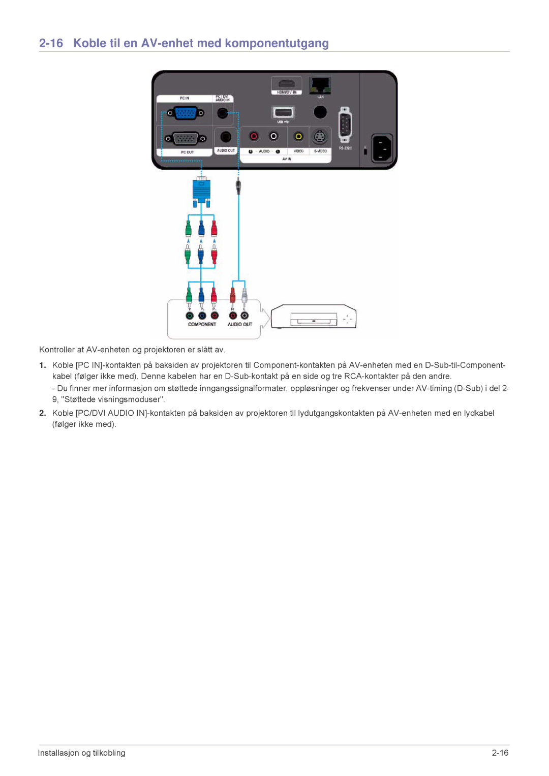 Samsung SPL255WEX/EN manual Koble til en AV-enhet med komponentutgang, Kontroller at AV-enheten og projektoren er slått av 