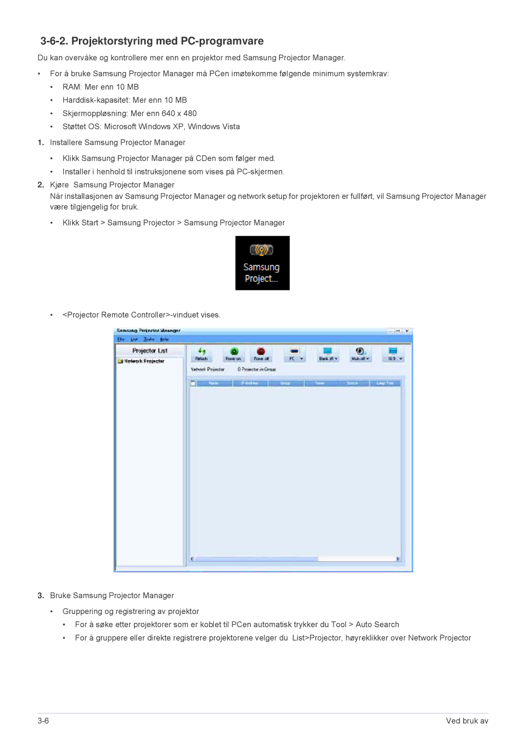 Samsung SPL305WEX/EN, SPL255WEX/EN manual Projektorstyring med PC-programvare 