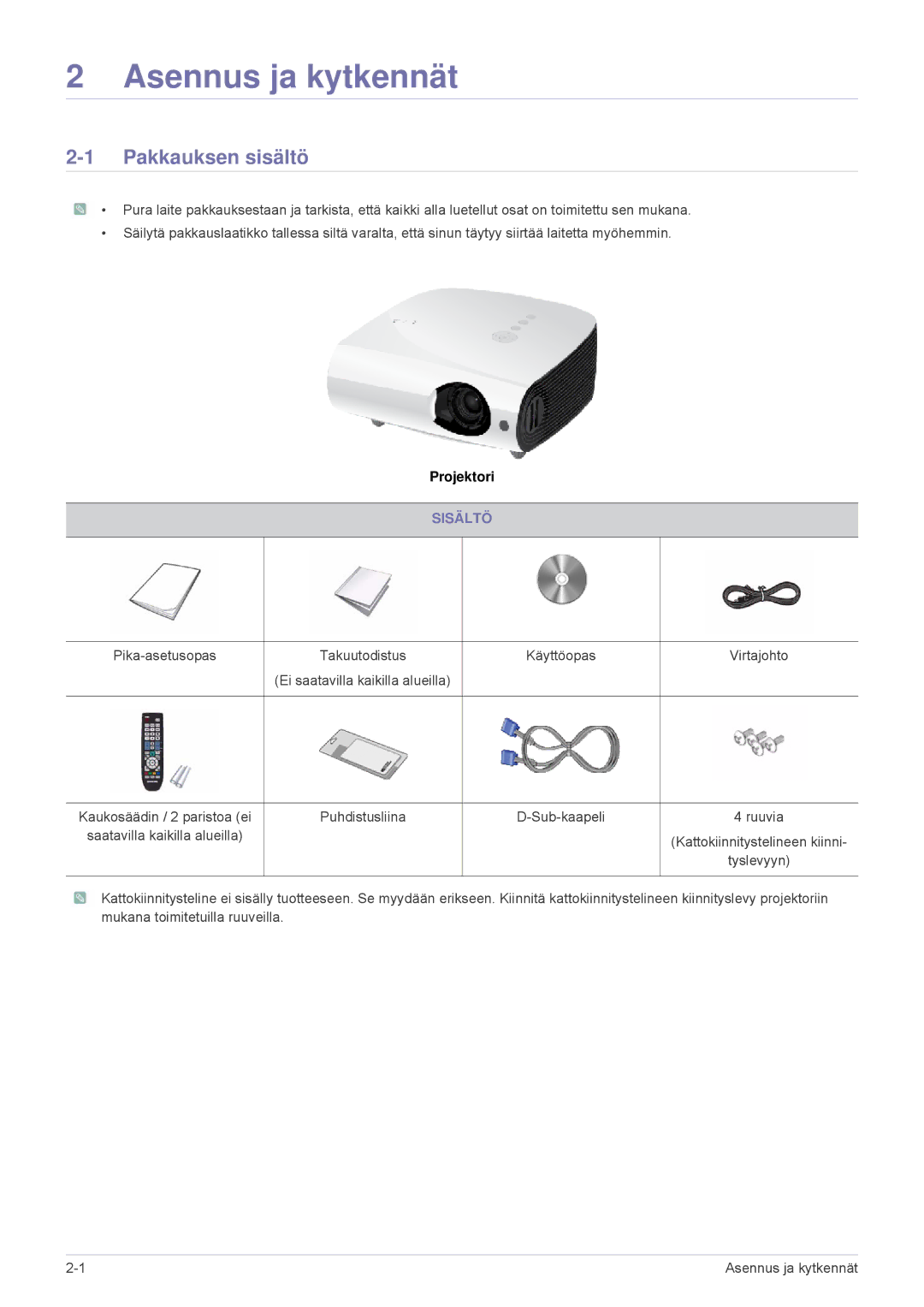 Samsung SPL255WEX/EN, SPL305WEX/EN manual Pakkauksen sisältö, Sisältö 