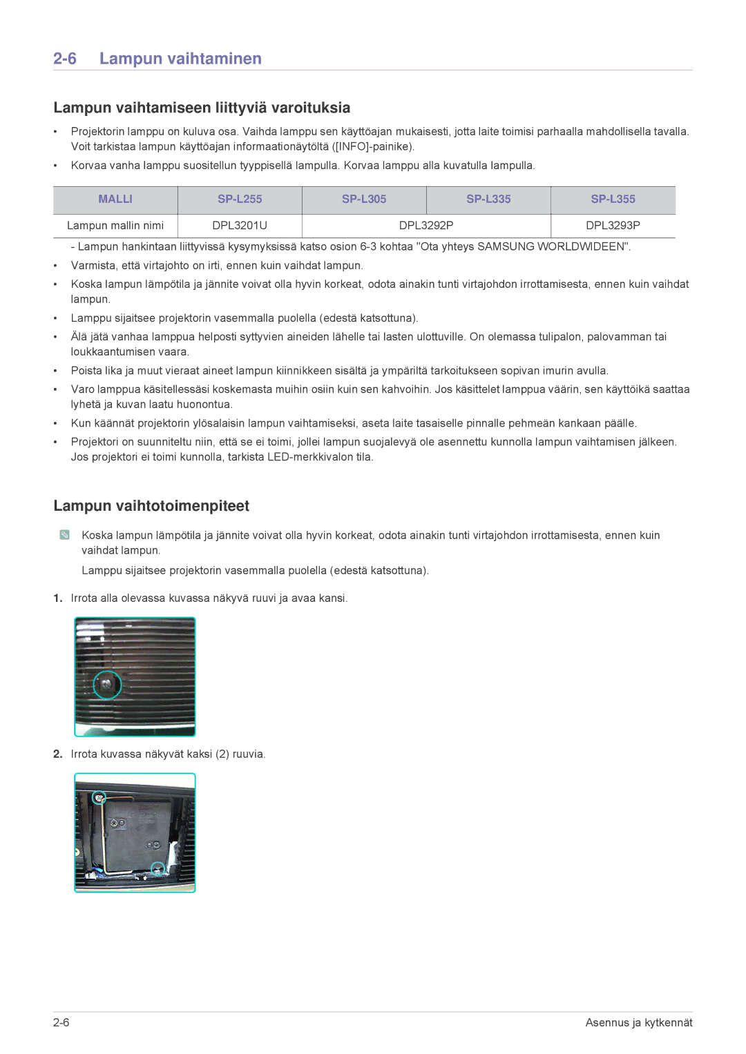 Samsung SPL255WEX/EN manual Lampun vaihtaminen, Lampun vaihtamiseen liittyviä varoituksia, Lampun vaihtotoimenpiteet, Malli 