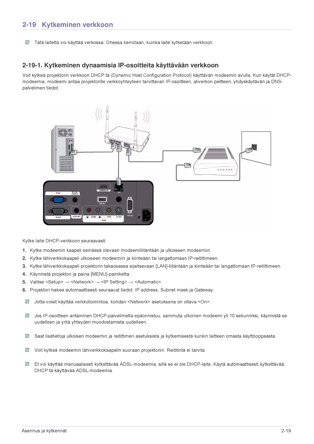 Samsung SPL305WEX/EN, SPL255WEX/EN manual Kytkeminen verkkoon, Kytkeminen dynaamisia IP-osoitteita käyttävään verkkoon 