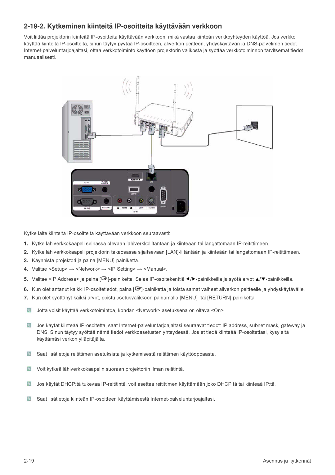 Samsung SPL255WEX/EN, SPL305WEX/EN manual Kytkeminen kiinteitä IP-osoitteita käyttävään verkkoon 