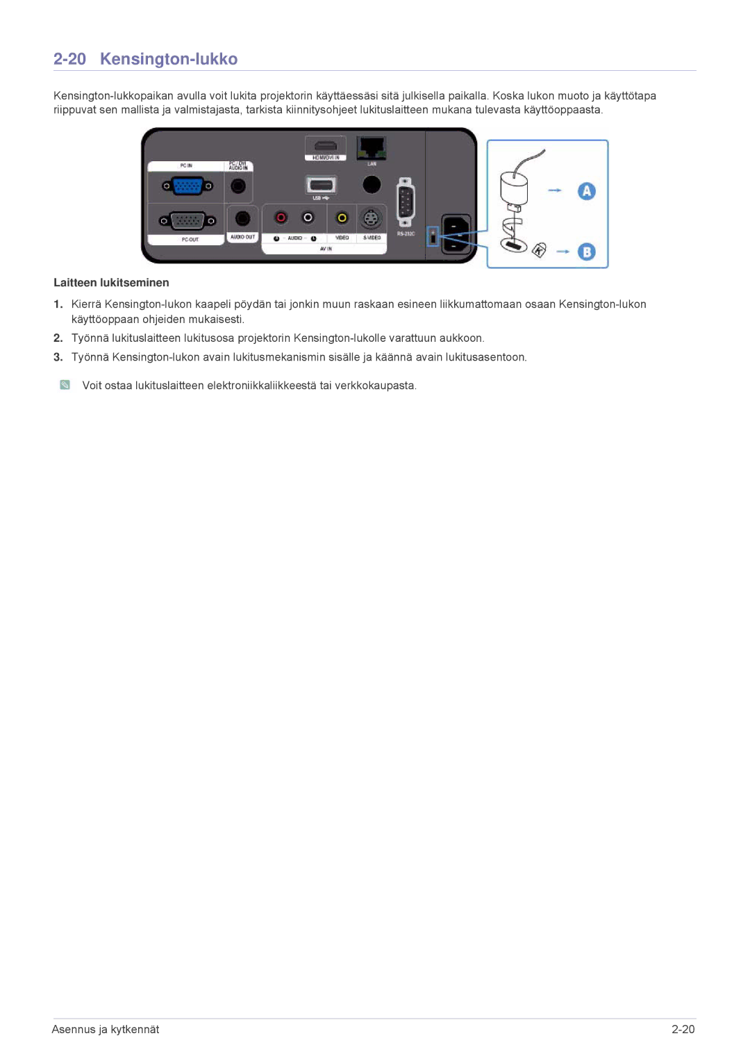 Samsung SPL305WEX/EN, SPL255WEX/EN manual Kensington-lukko, Laitteen lukitseminen 