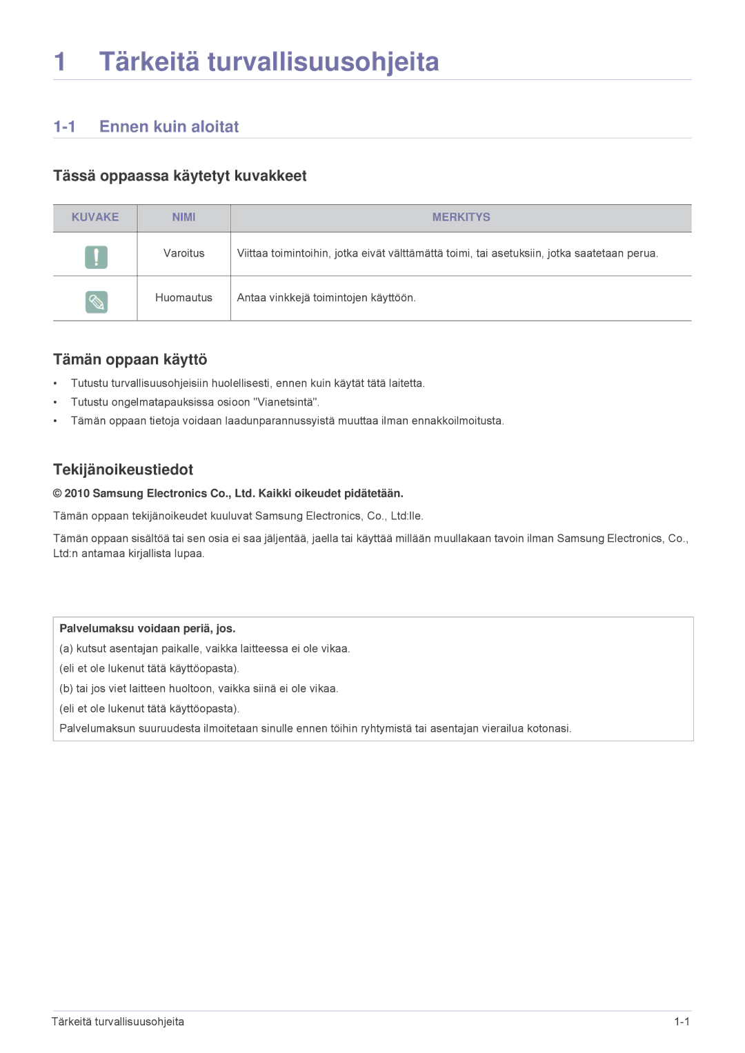 Samsung SPL305WEX/EN manual Ennen kuin aloitat, Tässä oppaassa käytetyt kuvakkeet, Tämän oppaan käyttö, Tekijänoikeustiedot 