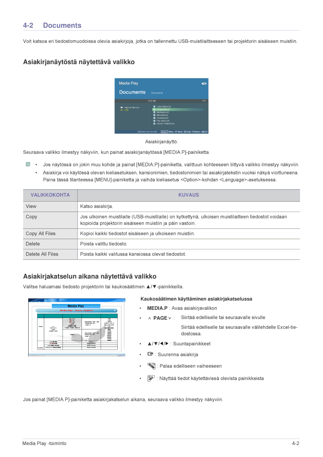 Samsung SPL305WEX/EN manual Documents, Asiakirjanäytöstä näytettävä valikko, Asiakirjakatselun aikana näytettävä valikko 