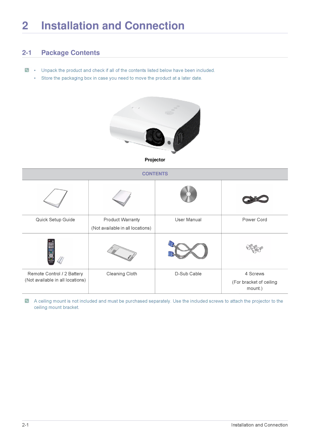 Samsung SPL335WEX/EN, SPL305WEX/EN, SPL255WEX/EN, SPL335WEX/NG, SPL305WEX/XV Installation and Connection, Package Contents 