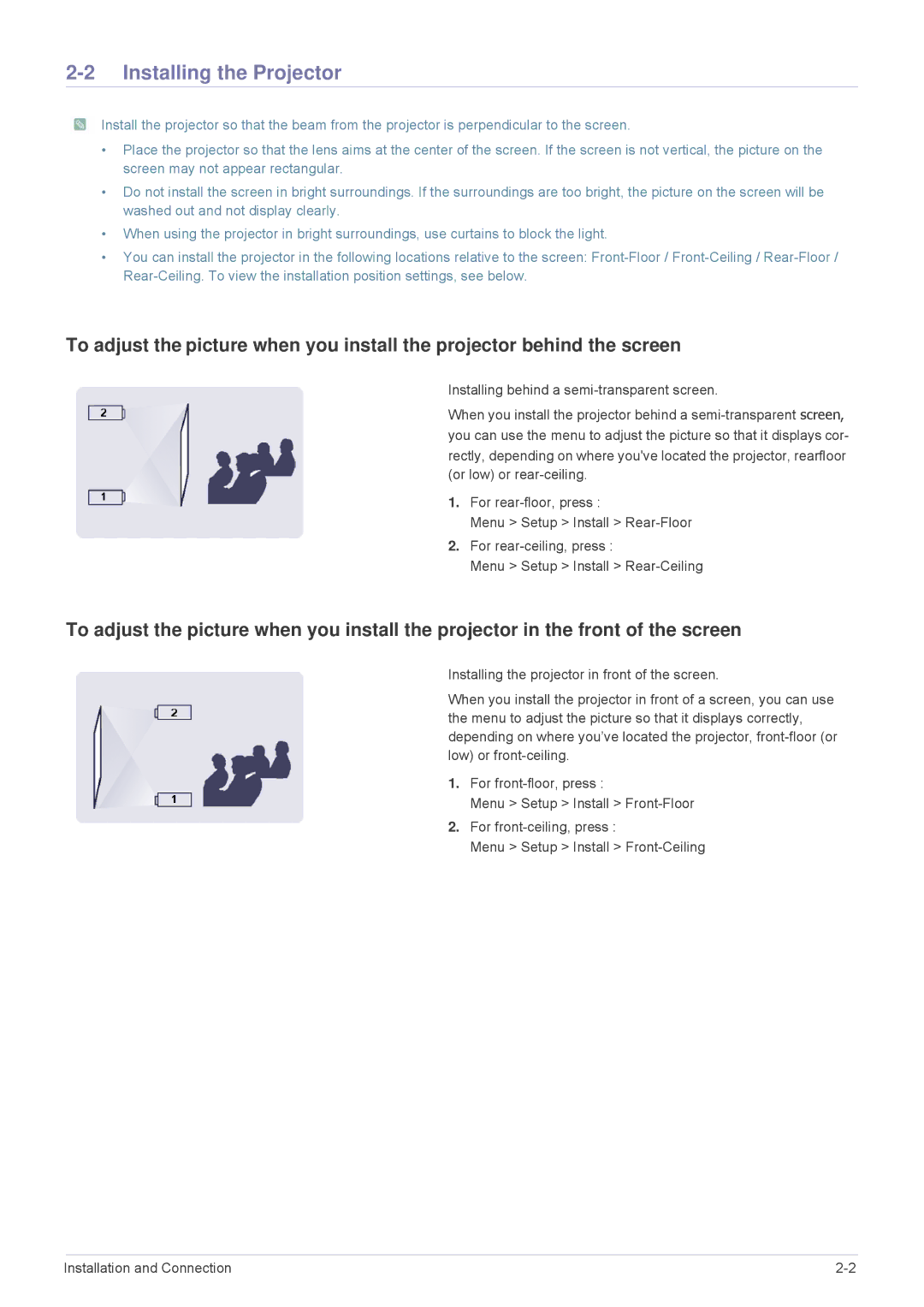 Samsung SPL255WEX/EN, SPL305WEX/EN, SPL335WEX/EN, SPL335WEX/NG, SPL305WEX/XV manual Installing the Projector 