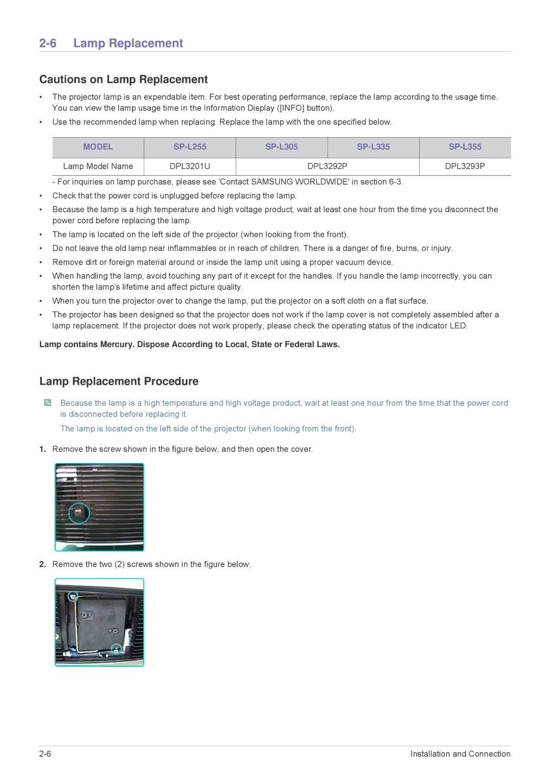 Samsung SPL255WEX/EN, SPL305WEX/EN, SPL335WEX/EN, SPL335WEX/NG, SPL305WEX/XV Lamp Replacement Procedure, Model, DPL3292P 