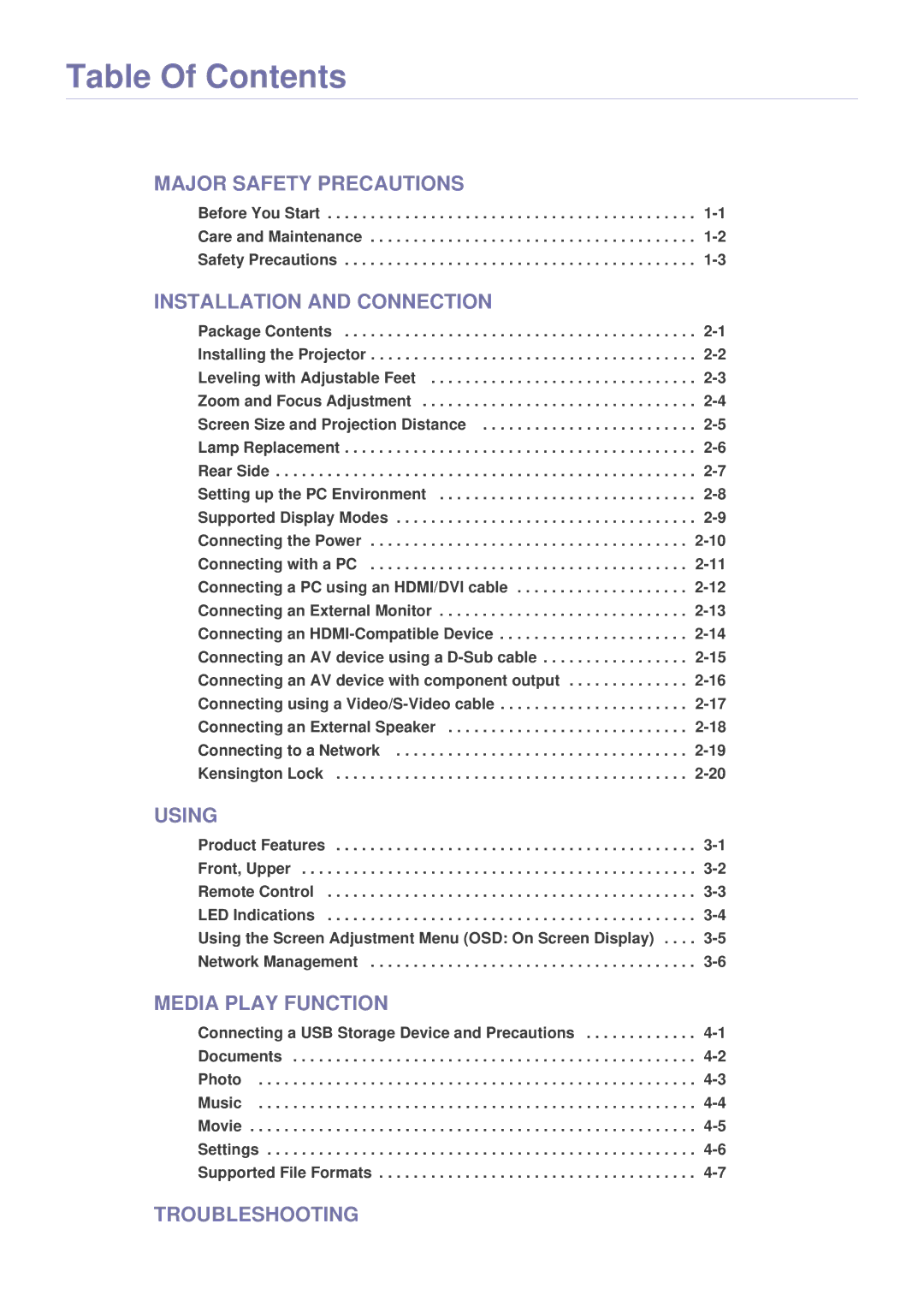 Samsung SPL255WEX/EN, SPL305WEX/EN, SPL335WEX/EN, SPL335WEX/NG, SPL305WEX/XV manual Table Of Contents 