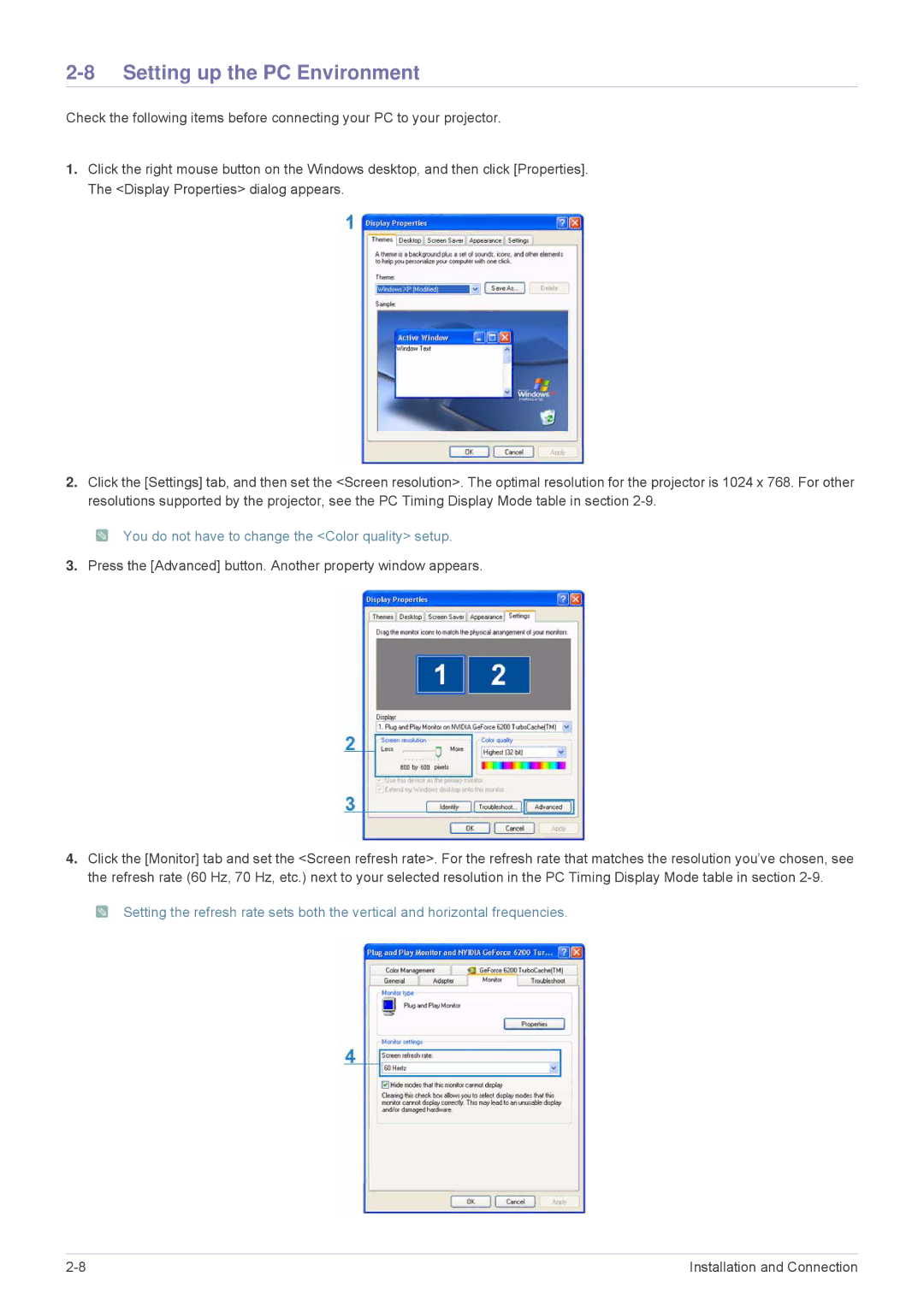 Samsung SPL335WEX/EN, SPL305WEX/EN manual Setting up the PC Environment, You do not have to change the Color quality setup 