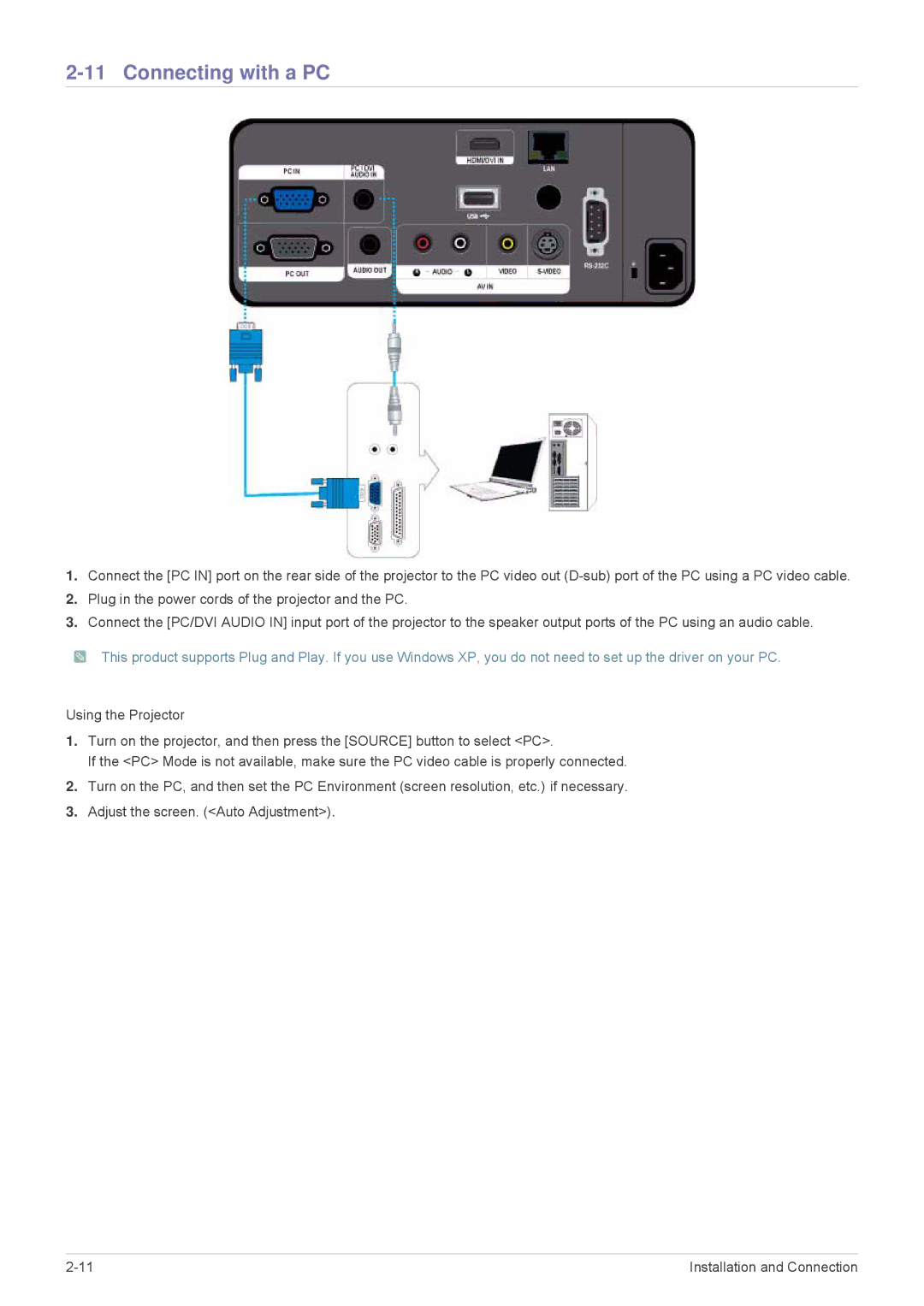 Samsung SPL255WEX/EN, SPL305WEX/EN, SPL335WEX/EN, SPL335WEX/NG, SPL305WEX/XV manual Connecting with a PC 