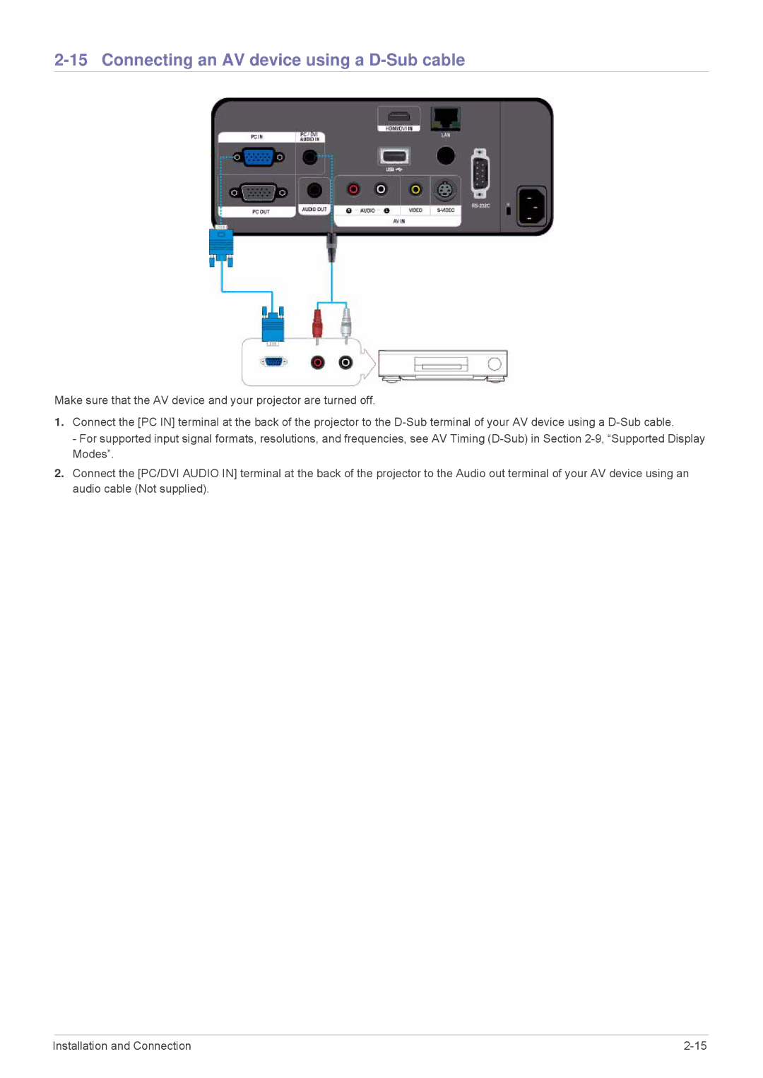 Samsung SPL255WEX/EN, SPL305WEX/EN, SPL335WEX/EN, SPL335WEX/NG, SPL305WEX/XV manual Connecting an AV device using a D-Sub cable 