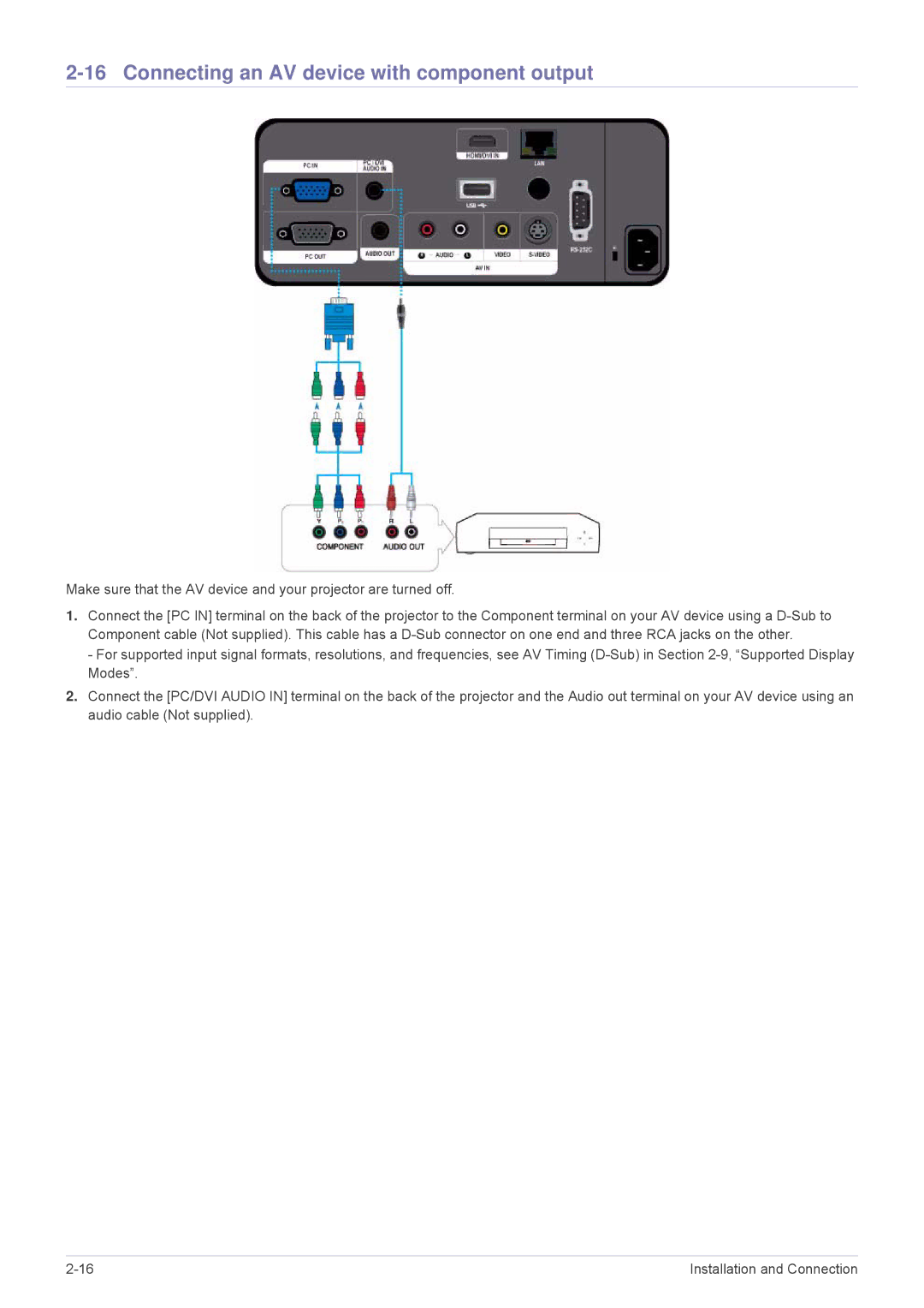 Samsung SPL335WEX/NG, SPL305WEX/EN, SPL335WEX/EN, SPL255WEX/EN, SPL305WEX/XV Connecting an AV device with component output 