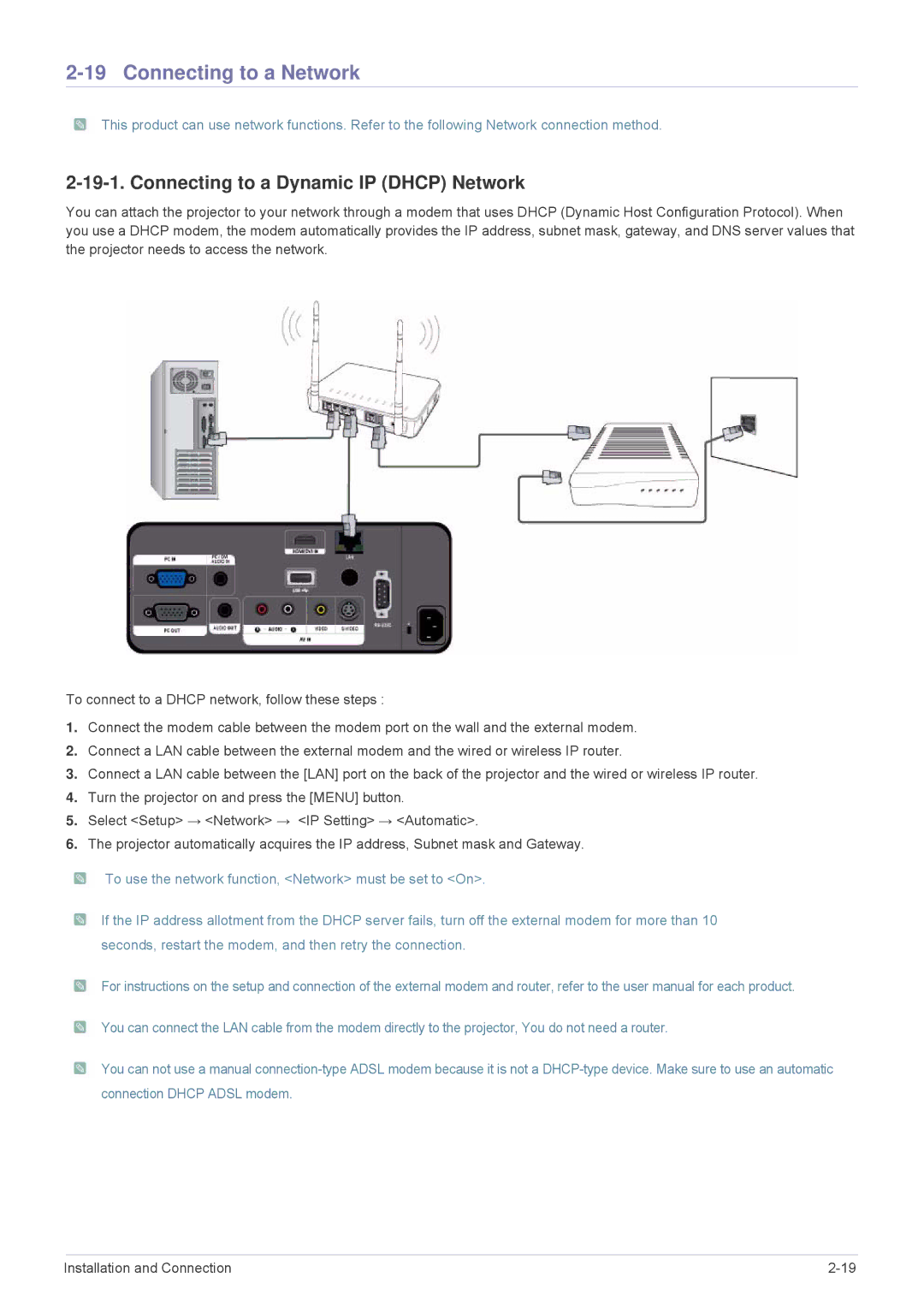 Samsung SPL335WEX/EN, SPL305WEX/EN, SPL255WEX/EN manual Connecting to a Network, Connecting to a Dynamic IP Dhcp Network 