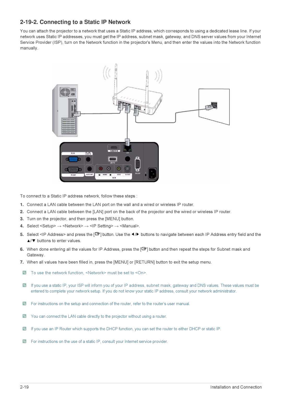 Samsung SPL255WEX/EN manual Connecting to a Static IP Network, To use the network function, Network must be set to On 