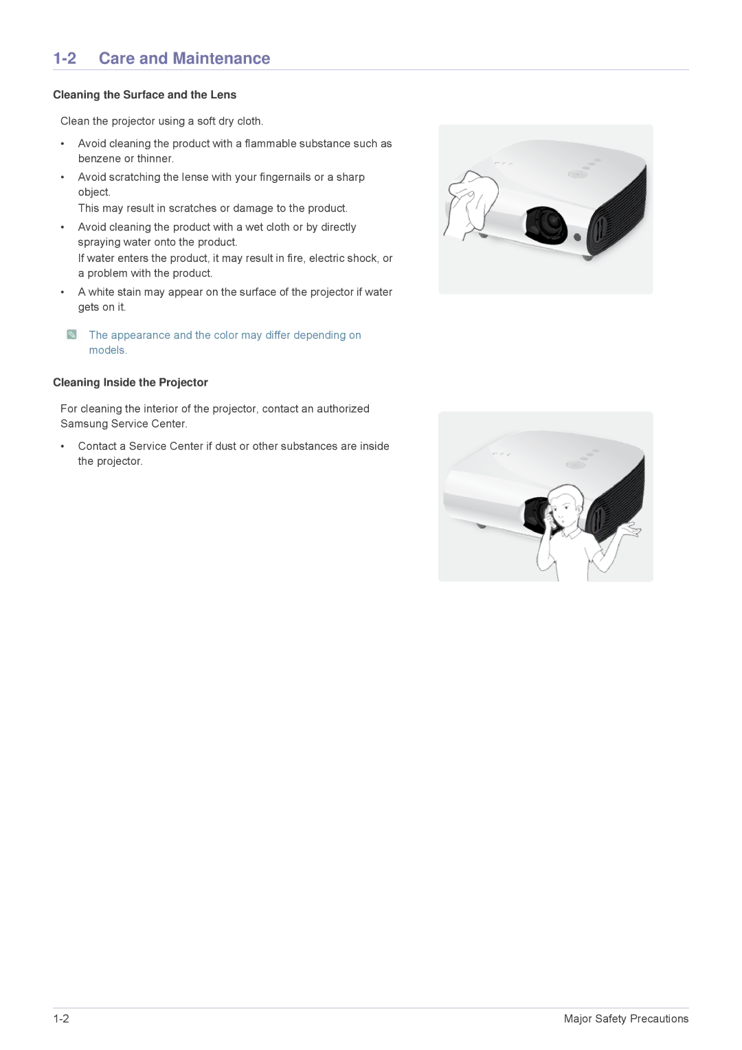 Samsung SPL305WEX/EN, SPL335WEX/EN Care and Maintenance, Cleaning the Surface and the Lens, Cleaning Inside the Projector 