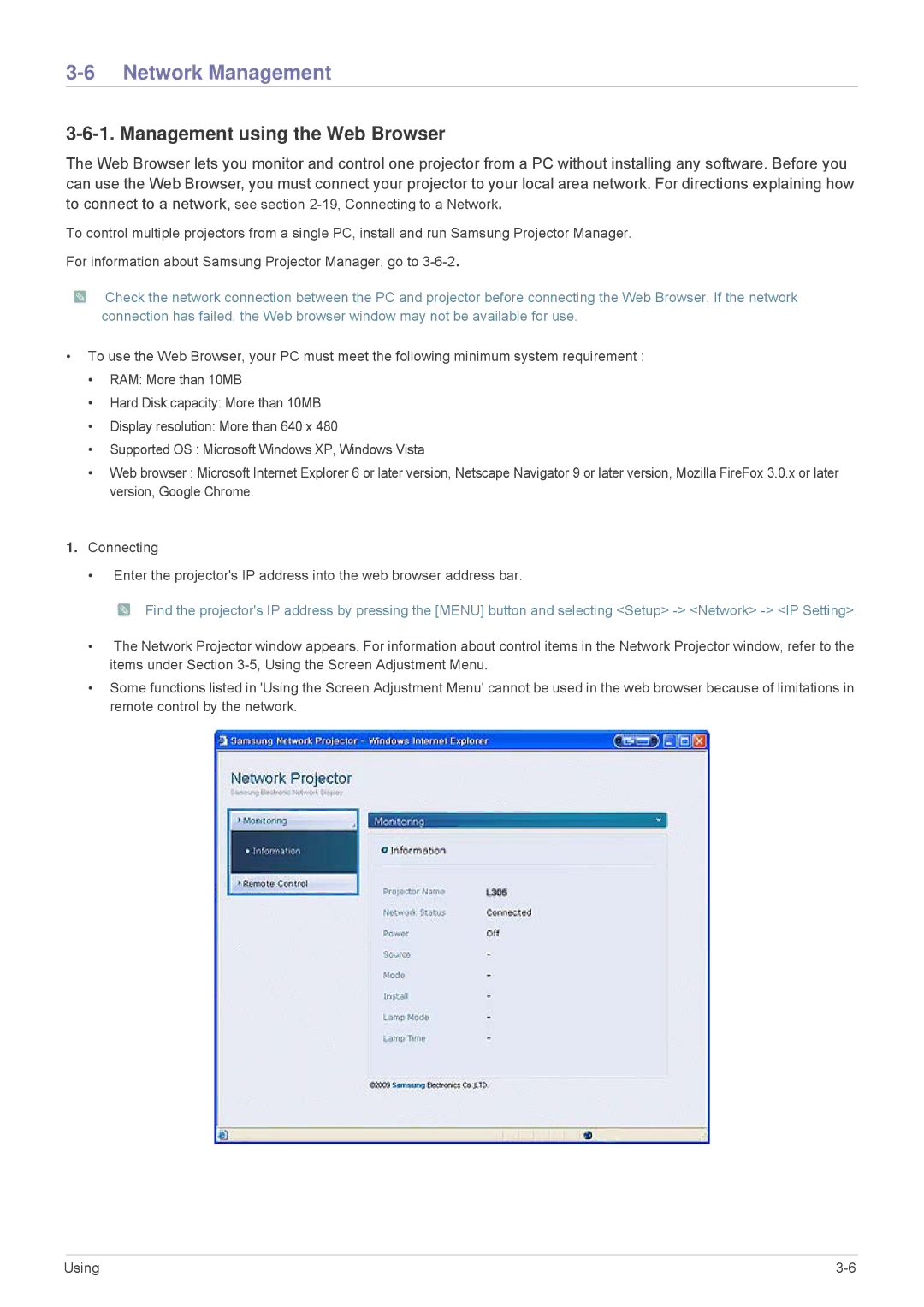 Samsung SPL255WEX/EN, SPL305WEX/EN, SPL335WEX/EN, SPL335WEX/NG manual Network Management, Management using the Web Browser 