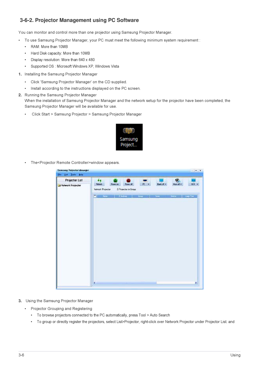 Samsung SPL335WEX/NG, SPL305WEX/EN, SPL335WEX/EN, SPL255WEX/EN, SPL305WEX/XV manual Projector Management using PC Software 