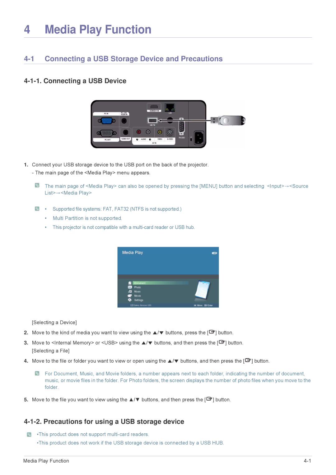 Samsung SPL305WEX/EN, SPL335WEX/EN, SPL255WEX/EN Connecting a USB Storage Device and Precautions, Connecting a USB Device 