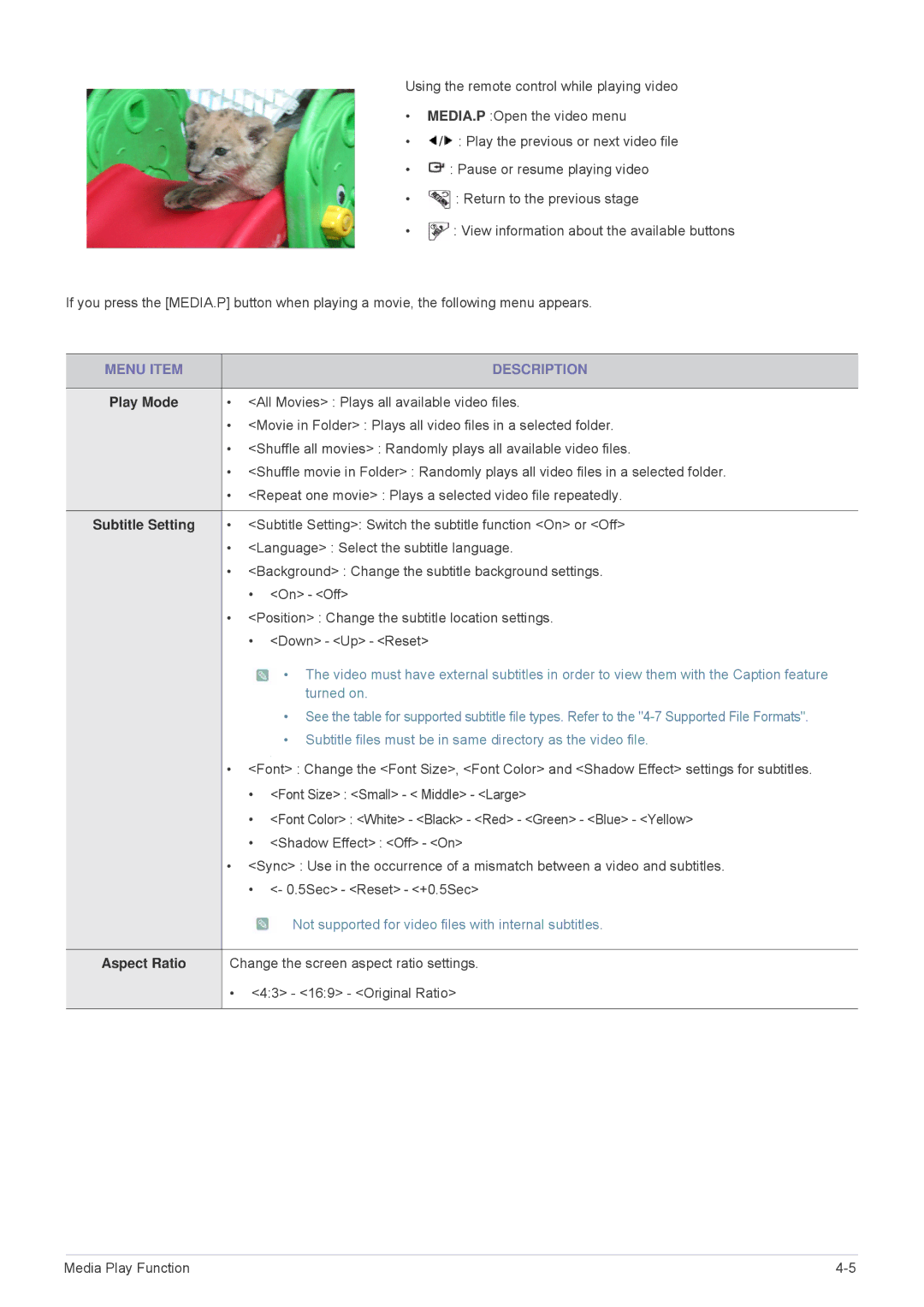 Samsung SPL305WEX/EN, SPL335WEX/EN, SPL255WEX/EN, SPL335WEX/NG, SPL305WEX/XV manual Subtitle Setting, Aspect Ratio 