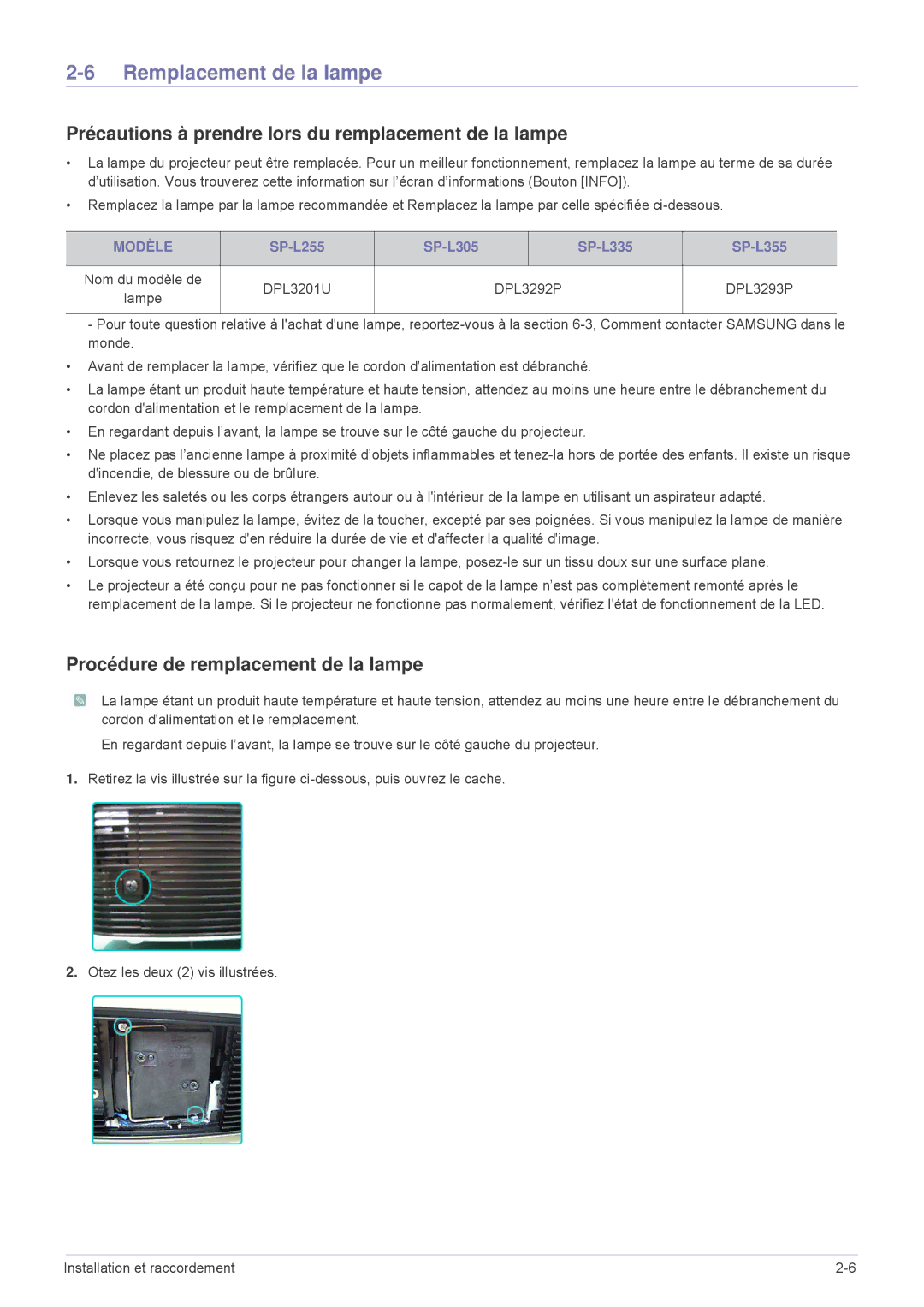 Samsung SPL305WEX/EN Remplacement de la lampe, Précautions à prendre lors du remplacement de la lampe, Modèle, DPL3292P 