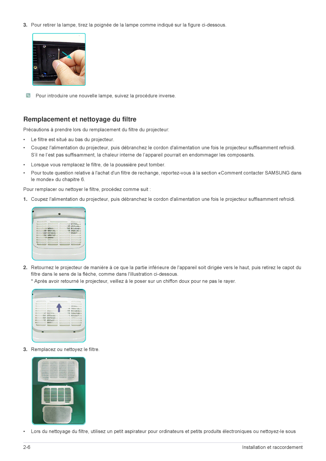 Samsung SPL335WEX/EN, SPL305WEX/EN, SPL255WEX/EN manual Remplacement et nettoyage du filtre 