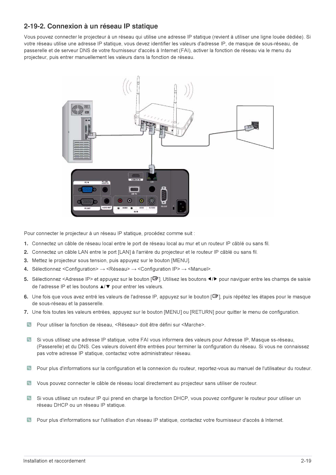 Samsung SPL255WEX/EN, SPL305WEX/EN, SPL335WEX/EN manual Connexion à un réseau IP statique 