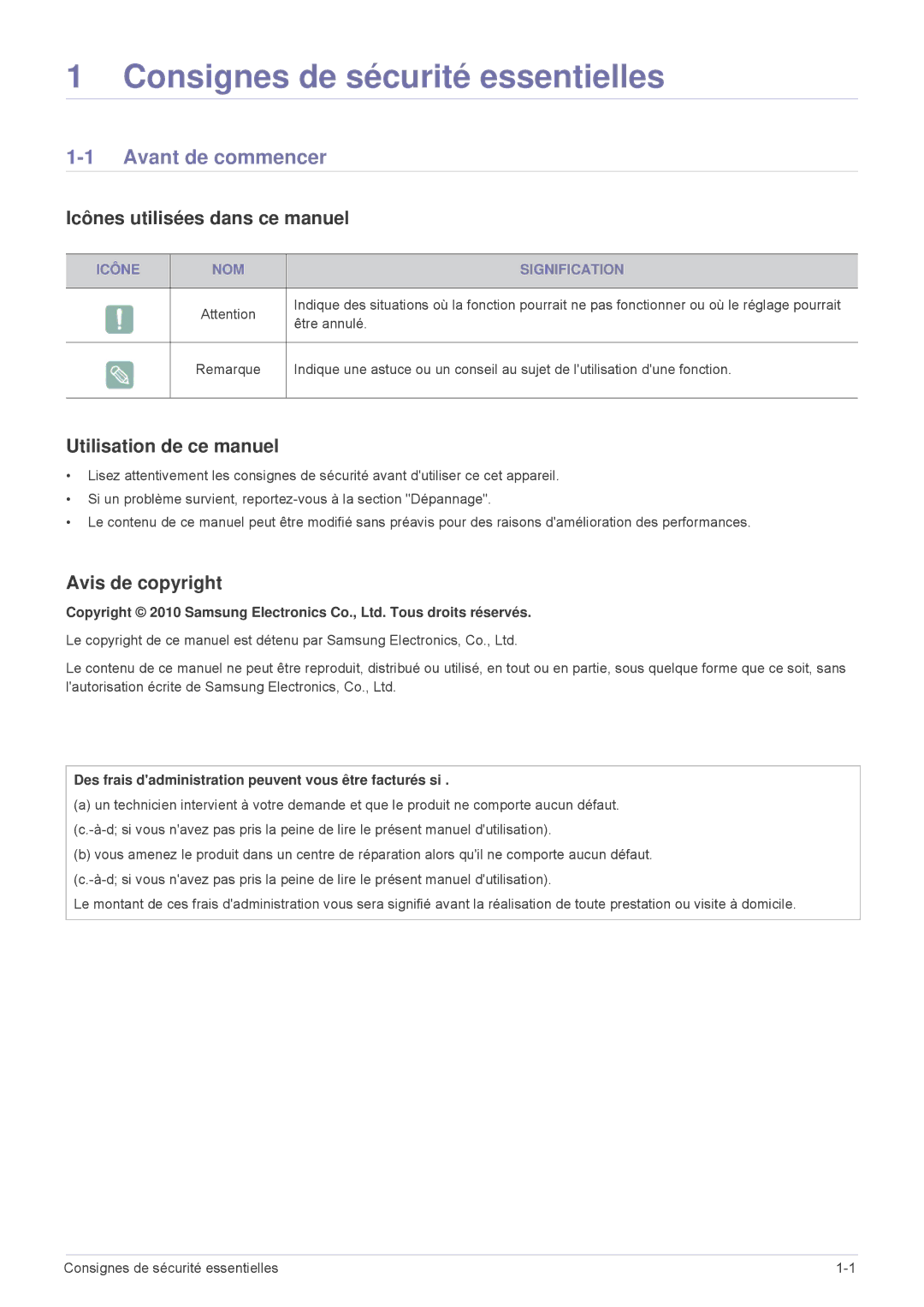 Samsung SPL335WEX/EN Avant de commencer, Icônes utilisées dans ce manuel, Utilisation de ce manuel, Avis de copyright 