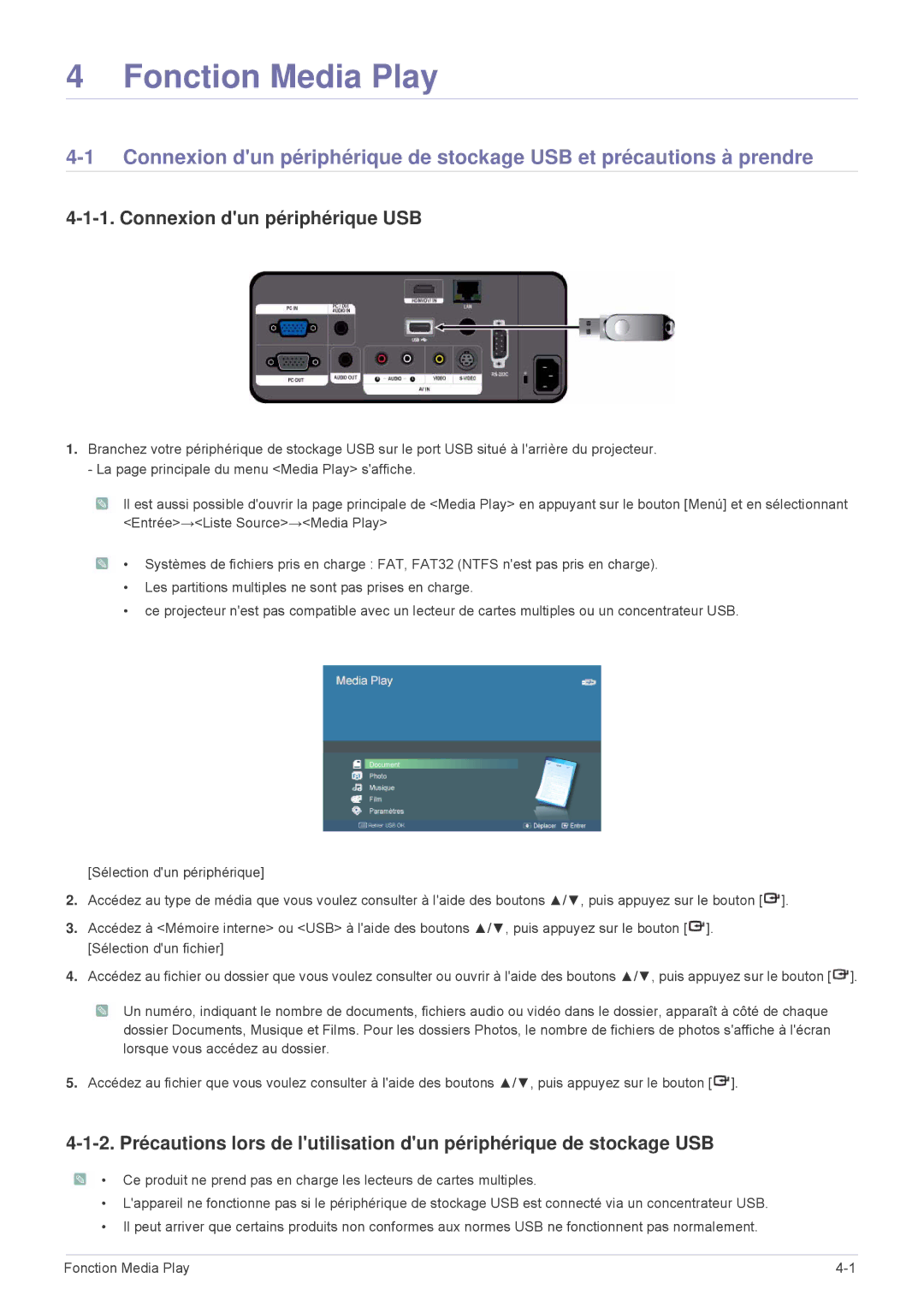 Samsung SPL305WEX/EN, SPL335WEX/EN, SPL255WEX/EN manual Fonction Media Play, Connexion dun périphérique USB 