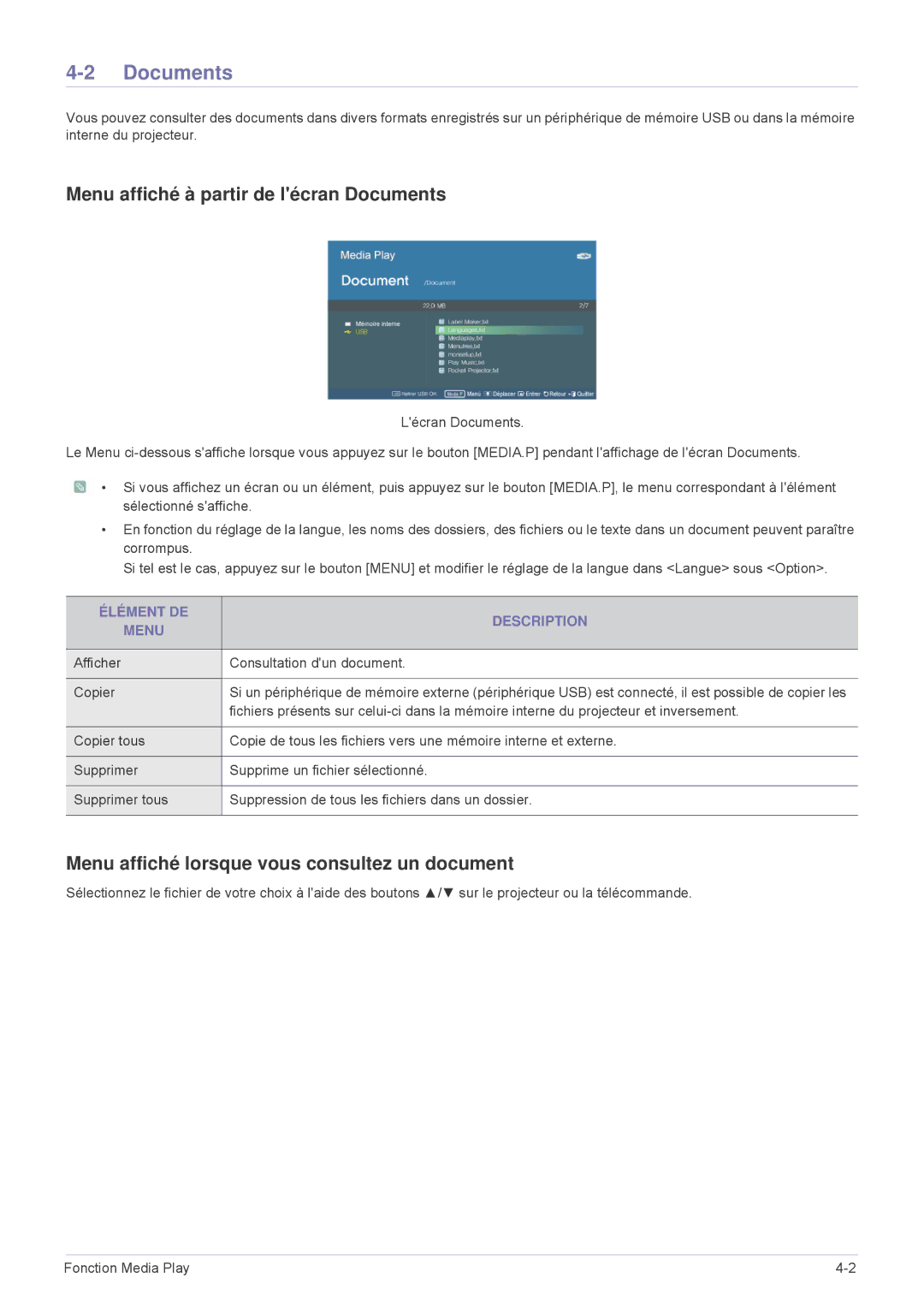 Samsung SPL255WEX/EN manual Menu affiché à partir de lécran Documents, Menu affiché lorsque vous consultez un document 