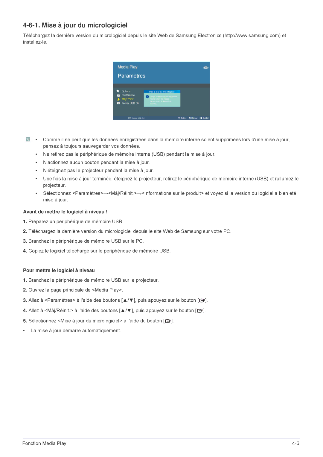 Samsung SPL255WEX/EN Mise à jour du micrologiciel, Avant de mettre le logiciel à niveau, Pour mettre le logiciel à niveau 