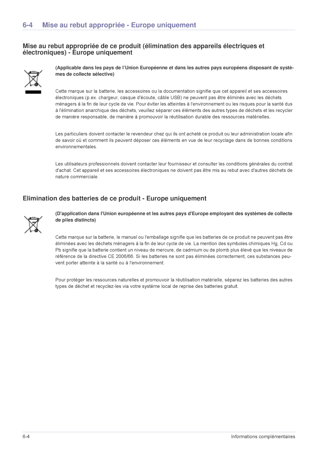 Samsung SPL305WEX/EN Mise au rebut appropriée Europe uniquement, Elimination des batteries de ce produit Europe uniquement 