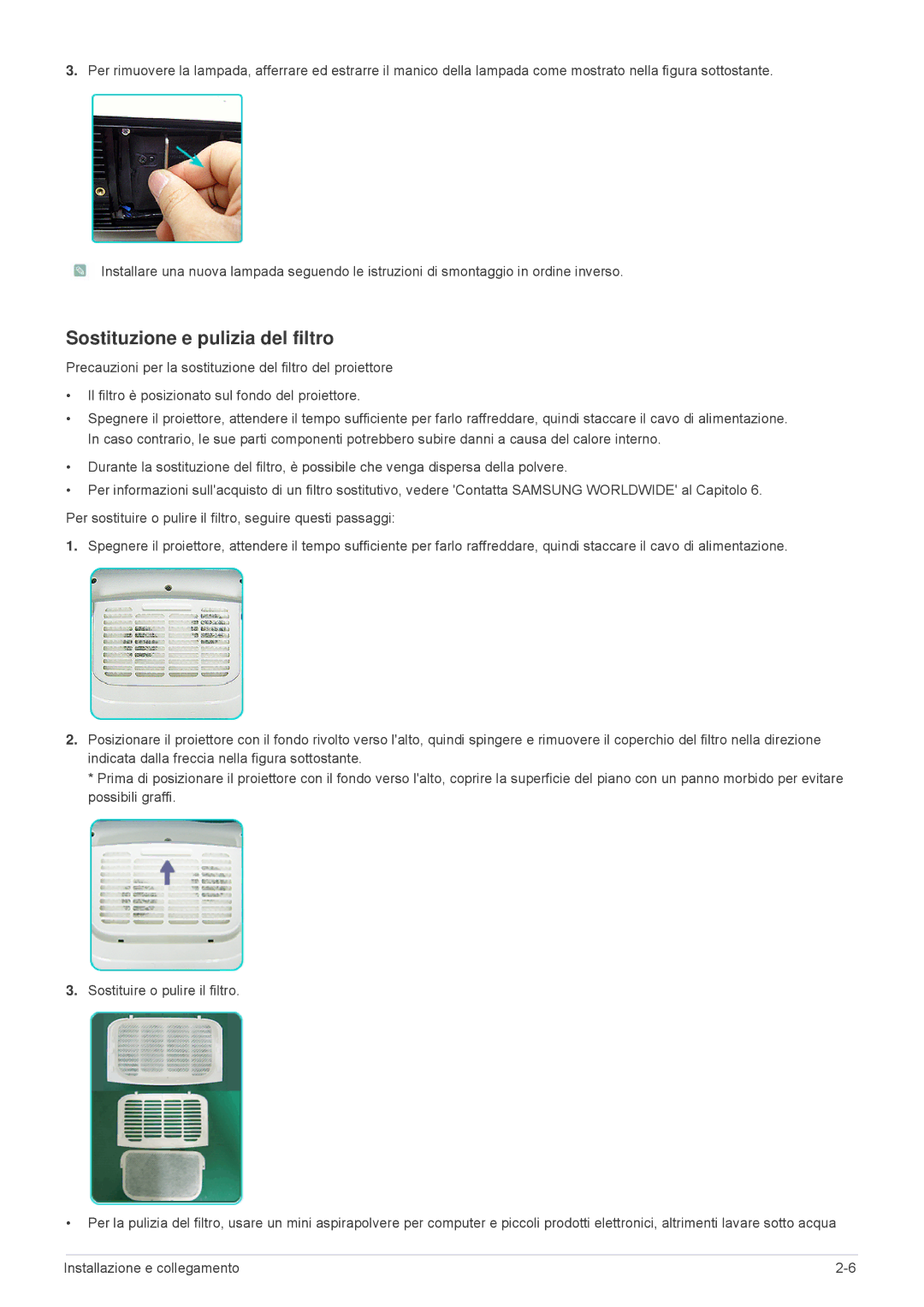 Samsung SPL335WEX/EN, SPL305WEX/EN, SPL255WEX/EN manual Sostituzione e pulizia del filtro 